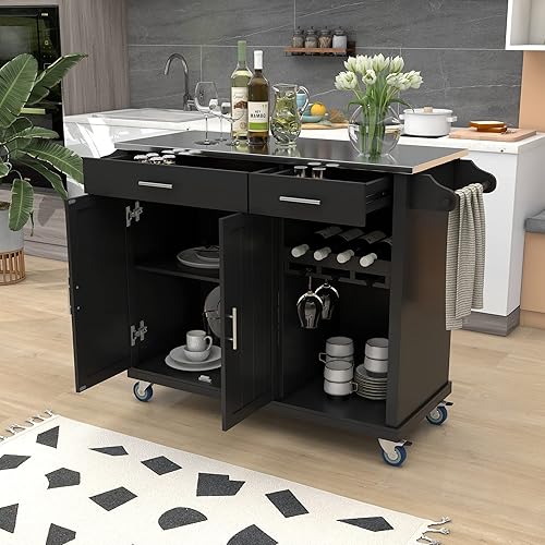 AngLink Carrito de isla de cocina con parte superior de acero inoxidable isla de cocina con ruedas con armario de almacenamiento 2 cajones soporte