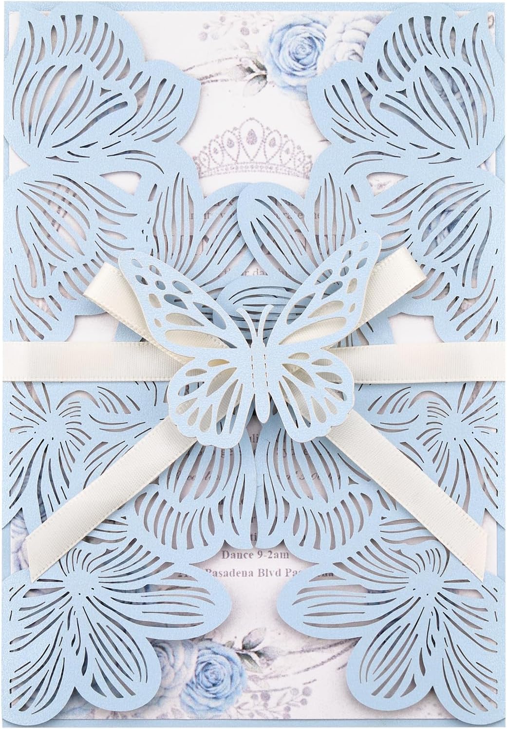 50PCS Light Blue Wedding Invitations Kit Butterfly Laser Cut Invitations Pocket with Blank Cards Envelopes Ribbons for Baby Bridal Shower Quince XV Anos 4.88x7.09''