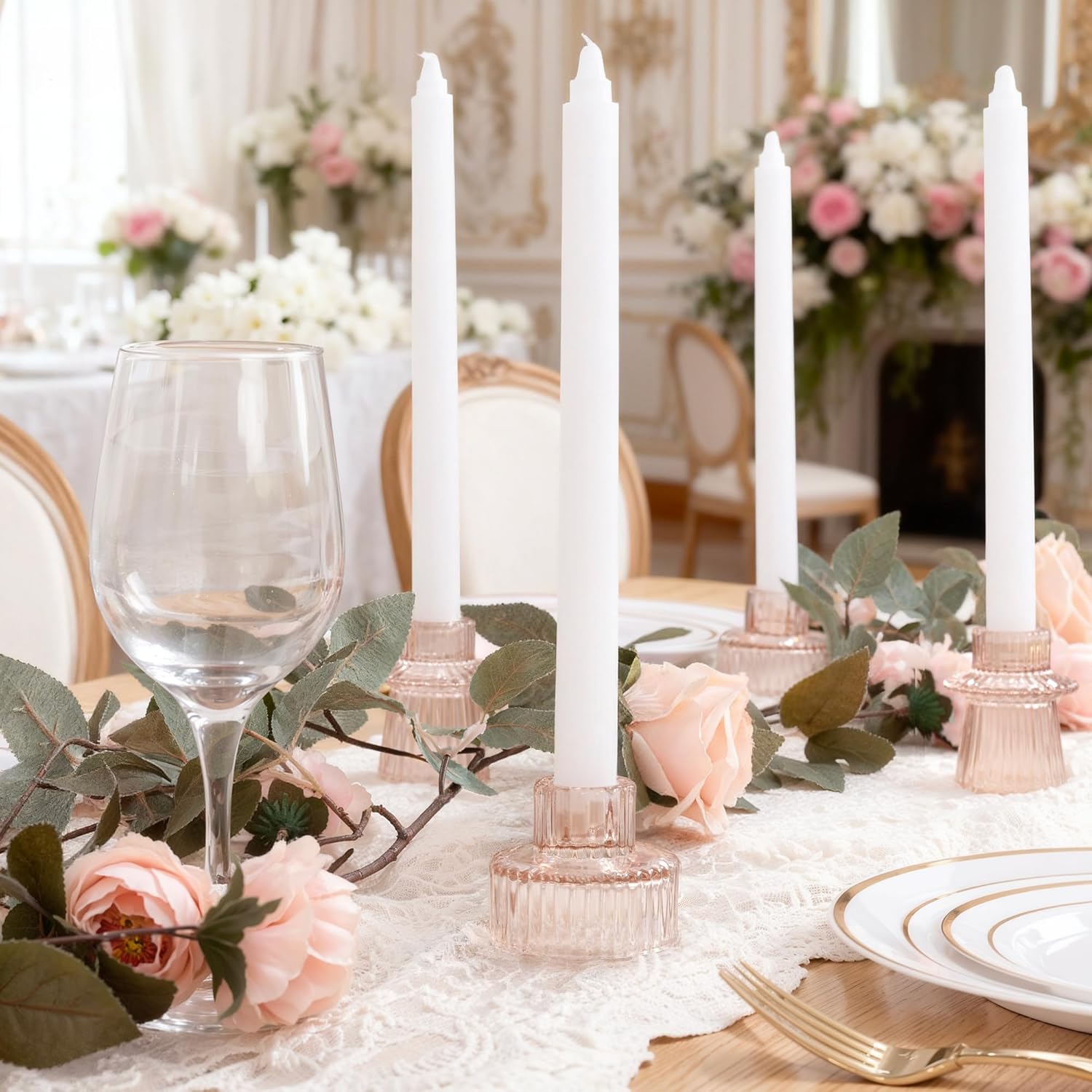 WELLIFE Pink Candlestick Holders, 6 Pcs Glass Candle Holder,Taper Candle Holder for Table Centerpieces Home Bedroom, Valentine's Day Decoration - Image 6