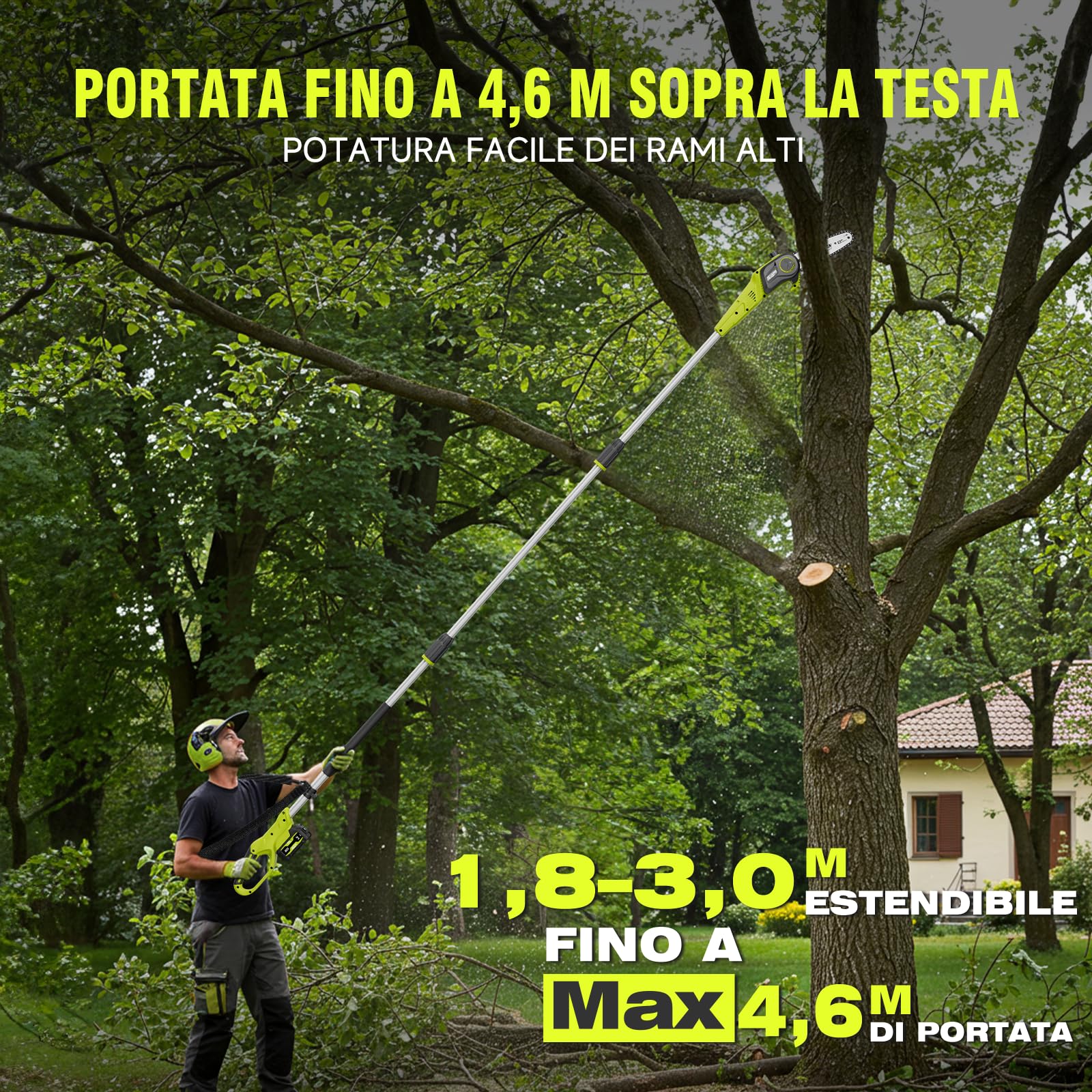 Alloyman Potatore Telescopico a Batteria 20V MAX, sega potatrice elettrica, Sega ad Asta a Batteria, 2 x 4,0 Ah e caricabatterie, Lama da 20 cm, 4KG, Velocità 5,5 m/s, Lubrificazione Automatica