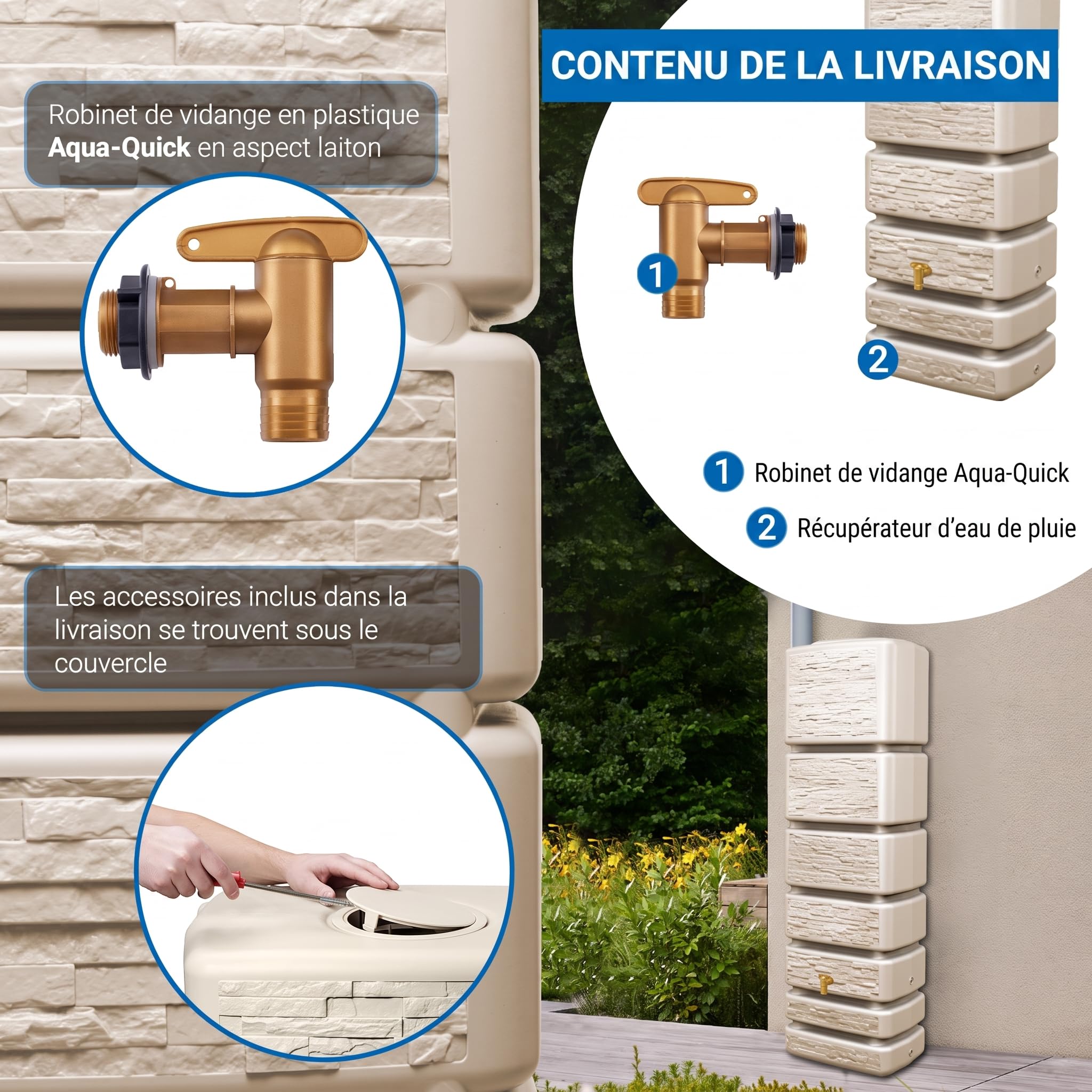 4rain Slim Stone Decor Récupérateur d'eau de Pluie 350 litres Sable Beige