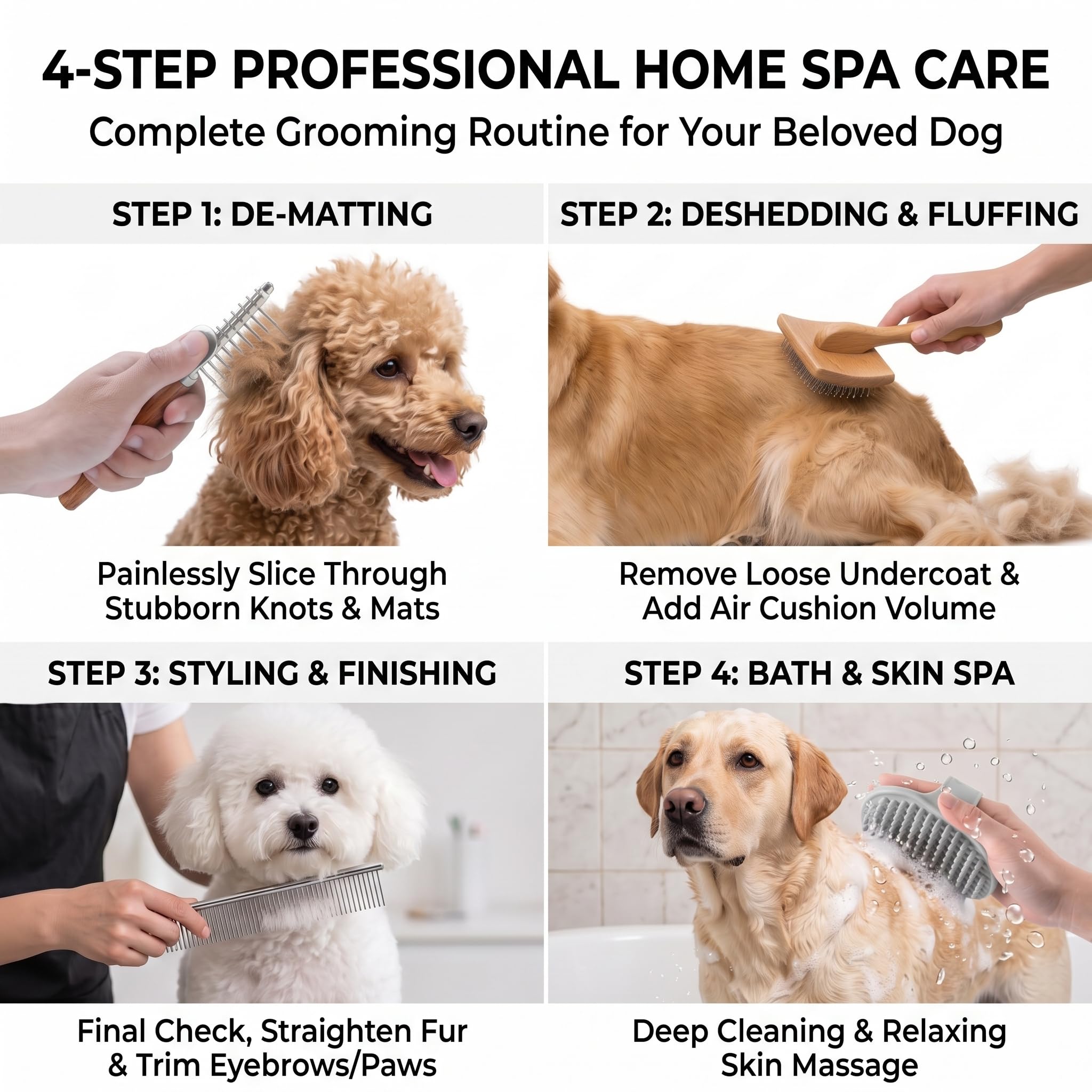 4 spazzole grandi per cani e gatti a pelo lungo, Goldendoodles, scarabocchi e barboncini, spazzola per cani con pettine per toelettatura e pettine in acciaio inossidabile, naturalmente