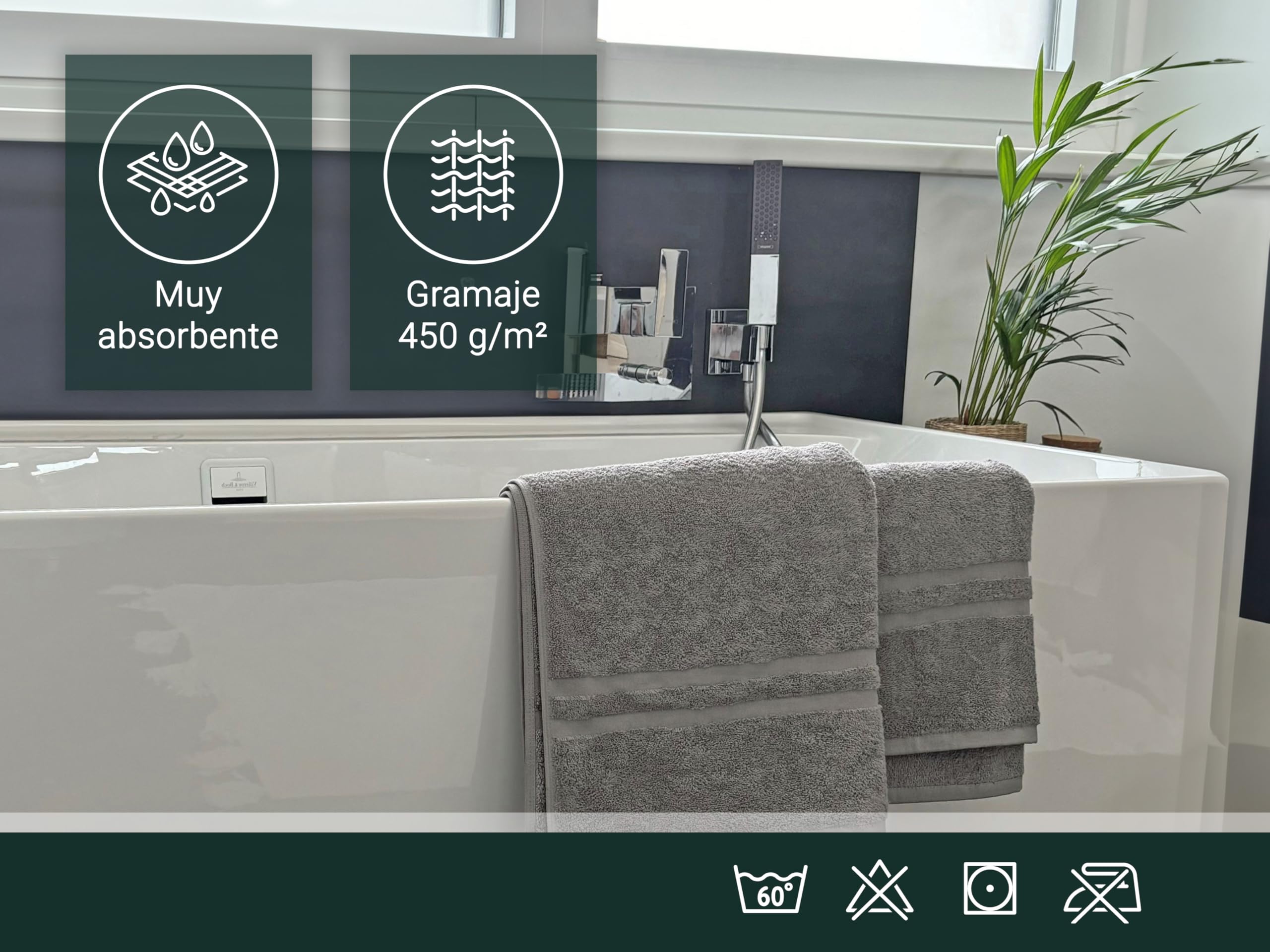 ZOLLNER Juego de 5 Toallas de Ducha de 70 x 140 cm - Toallas de baño - con un Moderno Borde a Rayas - Lavables hasta 95 °C - con un práctico Colgador - En Color Taupe - Calidad de Hotel