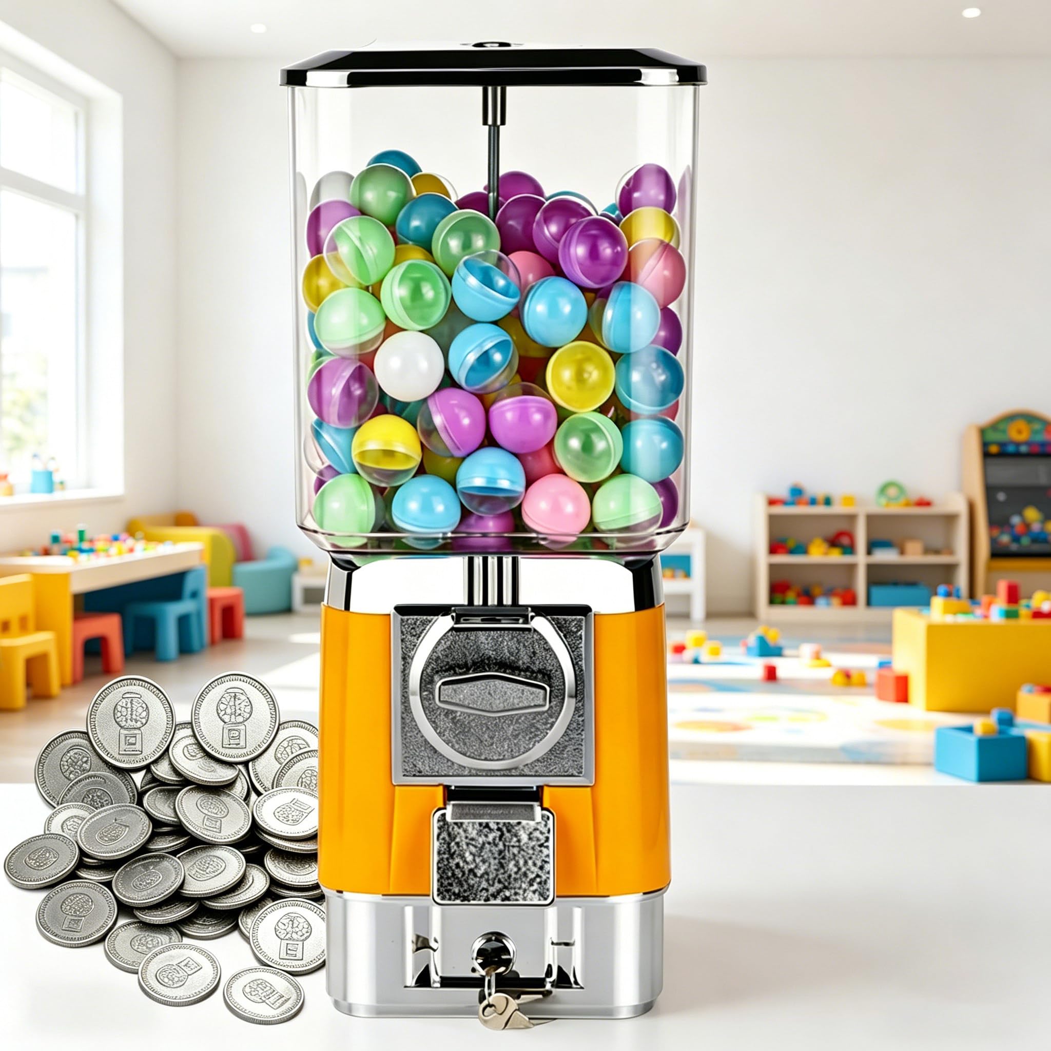Sushangmao Gumball Machine,Candy Vending Machines, PS Bouncy Balls Dispenser, Holds 220 Pieces Of 32mm/1.26in Gacha Balls, Coin Operated Gumball Bank for Home or Game Stores yellow