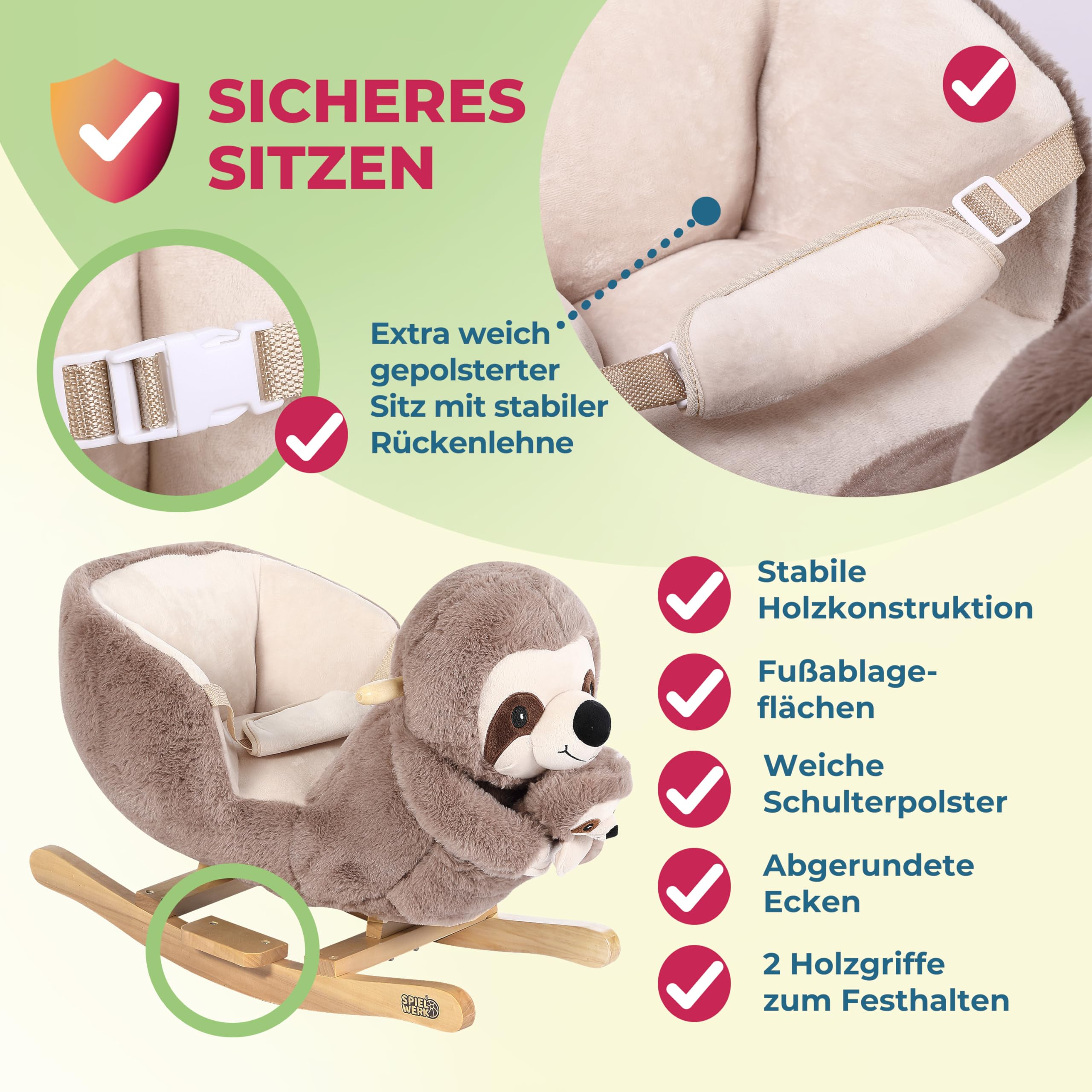 Deuba Spielwerk® Schaukeltier Faultier mit Babyfaultier inkl. Sound Effekt Sicherheitsgurt Plüsch Schaukel Wippe Kinder Baby Spielzeug Balancetraining besonders weich Schaukelpferd