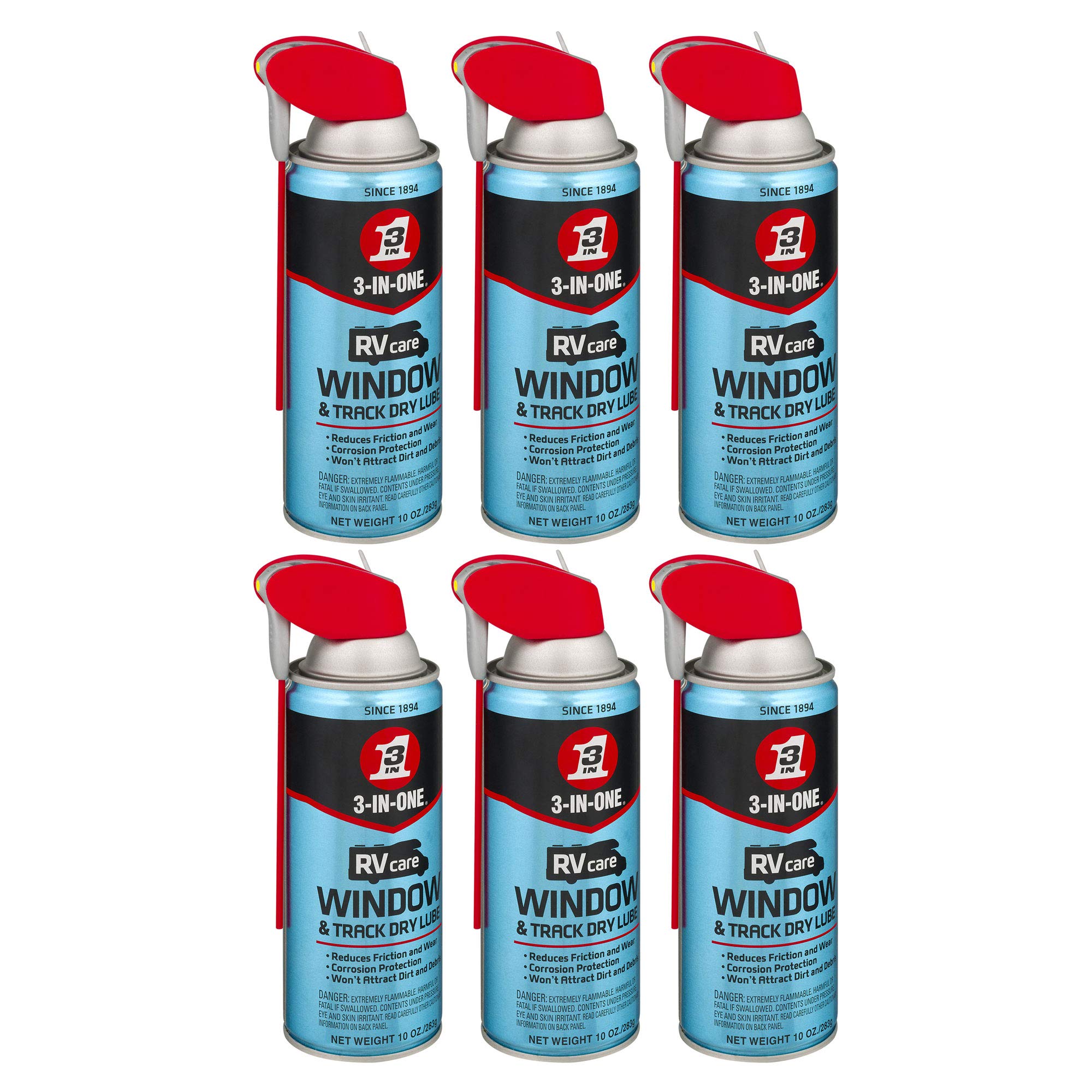 3-IN-ONE RVcare Window &amp; Track Dry Lube with SMART STRAW SPRAYS 2 WAYS, 10 OZ [6-Pack]