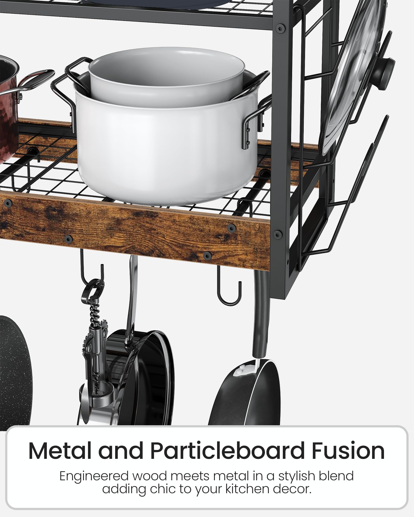 CHOEZON Soporte de Pared para Ollas, Estante de Cocina de 2 Niveles para Ollas y Tapas, Soporte para Sartenes, Vajilla y Utensilios de Cocina con 12 Ganchos, Marrón Vintage y Negro DTPR02BF