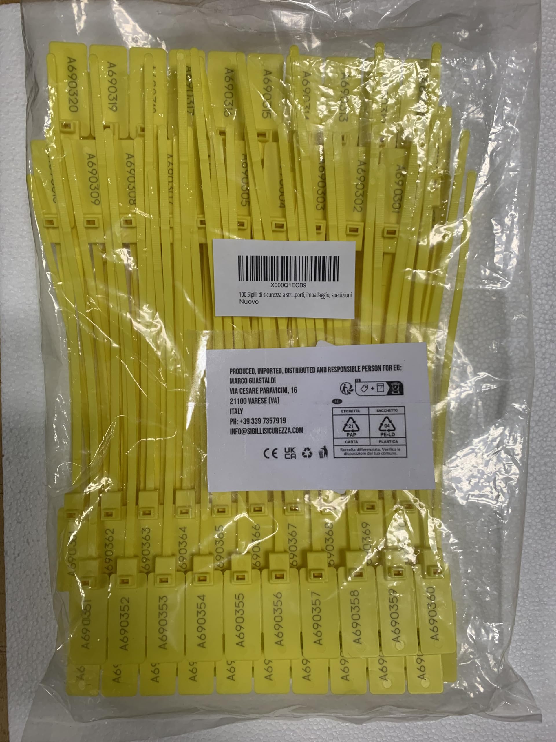 100 Sigilli di sicurezza in plastica. Economico, regolabile con un'applicazione veloce e sicura. Lungh. 20 cm. Numerazione progressiva. Applicazioni: logistica, trasporti, imballaggio, etc.