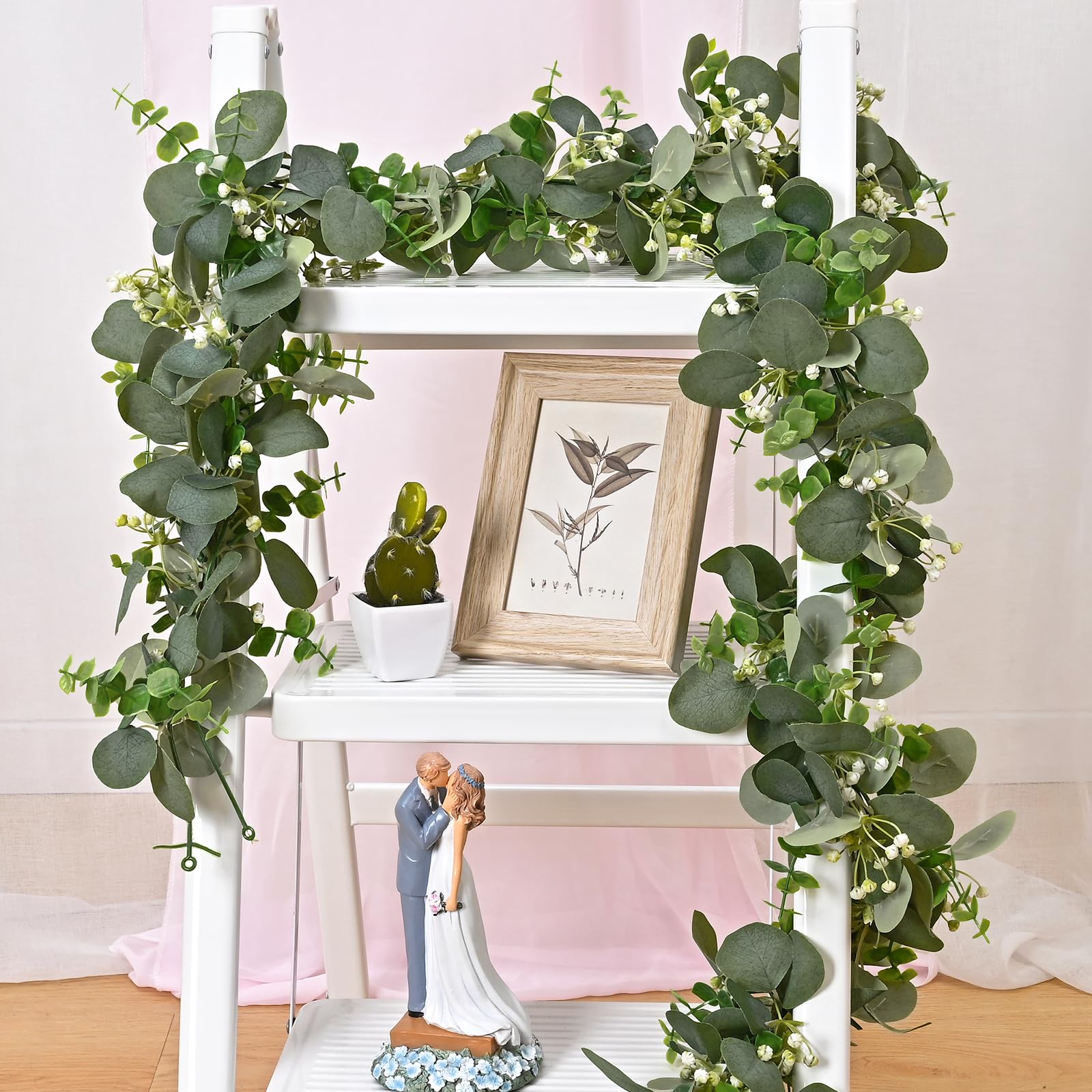 Dolicer Lot de 6 guirlandes d'eucalyptus artificielles de 1,8 m avec graines blanches, fausses guirlandes de verdure à suspendre pour toile de fond de mariage, arche, table, mur, fête, décoration