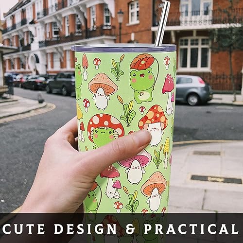 Miniatura 5 de Paqoygl Vaso de rana con tapa y pajilla, lindo regalo de rana hongo para mujeres amantes de las ranas, botella de agua de rana verde, taza de café,