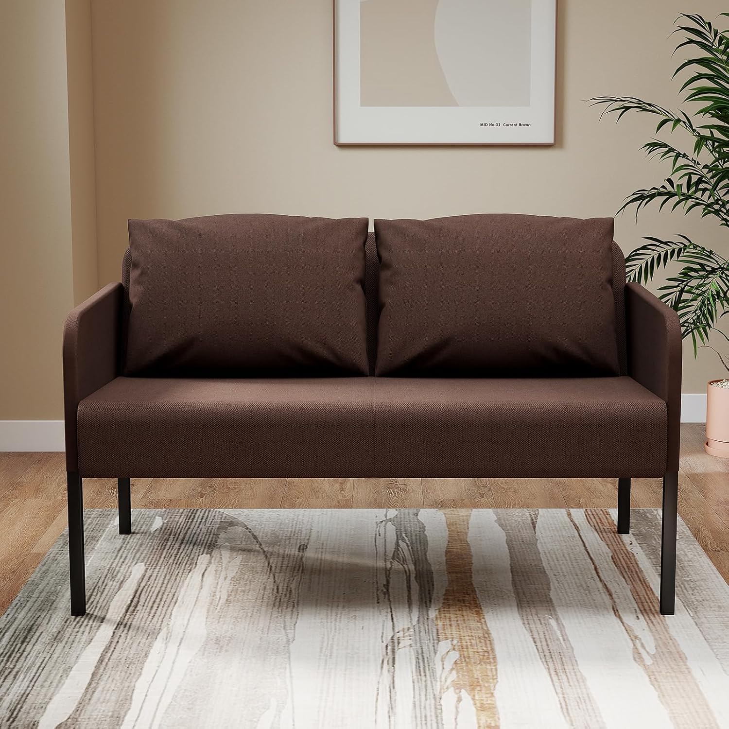 Fabulcozy,Divano 2 Posti, Piccolo Divano in Llino con Tasche Laterali, Struttura in Legno e 4 Gambe Metalliche,Iinclude 2 Cuscini, Facile Montaggio, Salvaspazio per Soggiorno o Appartamento(Marrone)