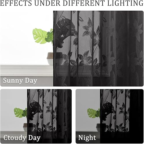 Miniatura 5 de DWCN Cortinas traslúcidas negras  Cortinas cortas con diseño de encaje floral y bolsillo para barra, cortinas transparentes de gasa para ventana de