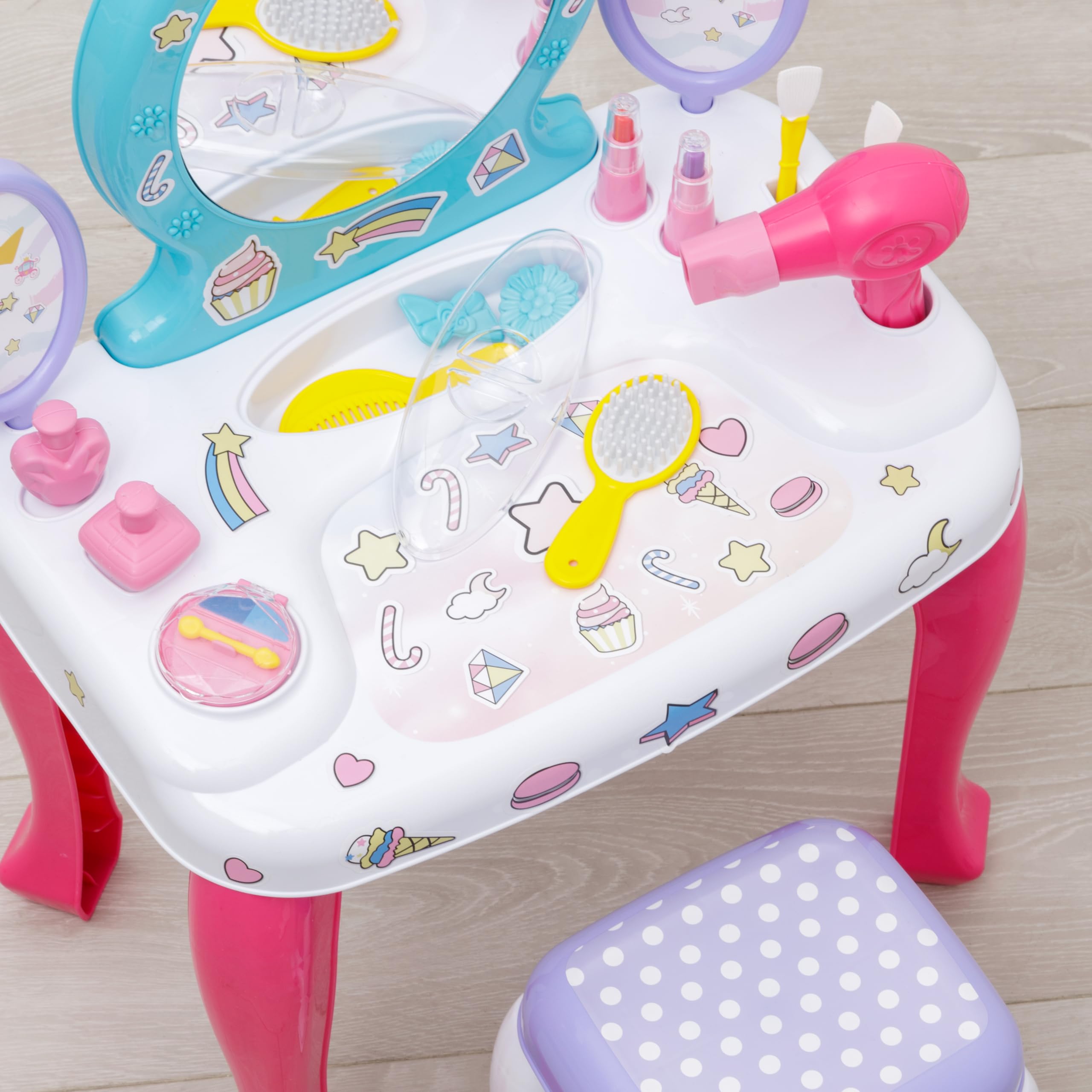 Baroni Toys Toeletta Trucco per Bambini con Specchio, Sgabello e 12 Accessori, Consolle Trucco Bambina, Specchiera per Bambine, Gioco di Simulazione per Bambini dai 36 Mesi, 48x32x71 cm, Unicorni