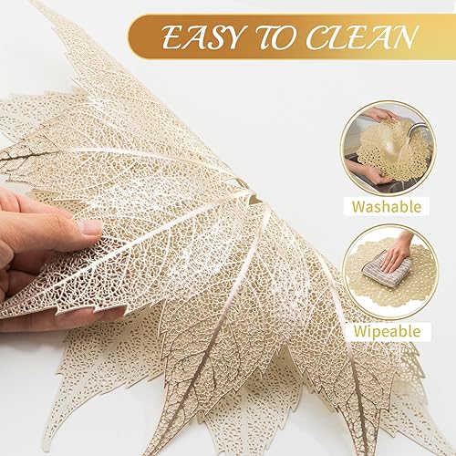 Miniatura 5 de BACKTOEDEN Juego de 6 manteles individuales redondos color dorado claro, lavables, resistentes al calor, manteles individuales prensados de vinilo