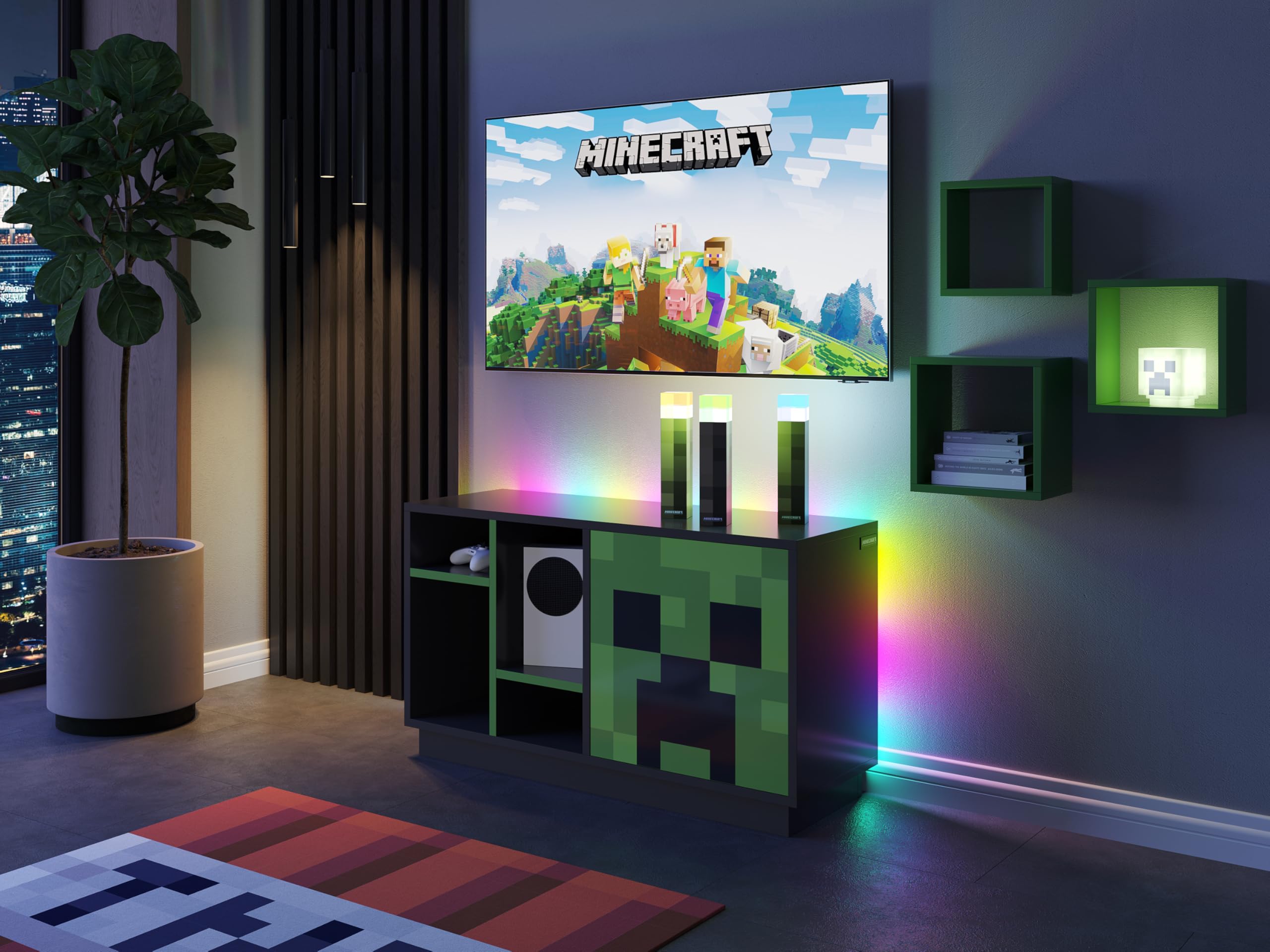 Minecraft Meuble TV avec éclairage LED – Lowboard Gamer avec Porte vitrée Creeper, 3 étagères Ouvertes, 1 Niche Console et Passe-câbles – 108x61x37cm, Noir