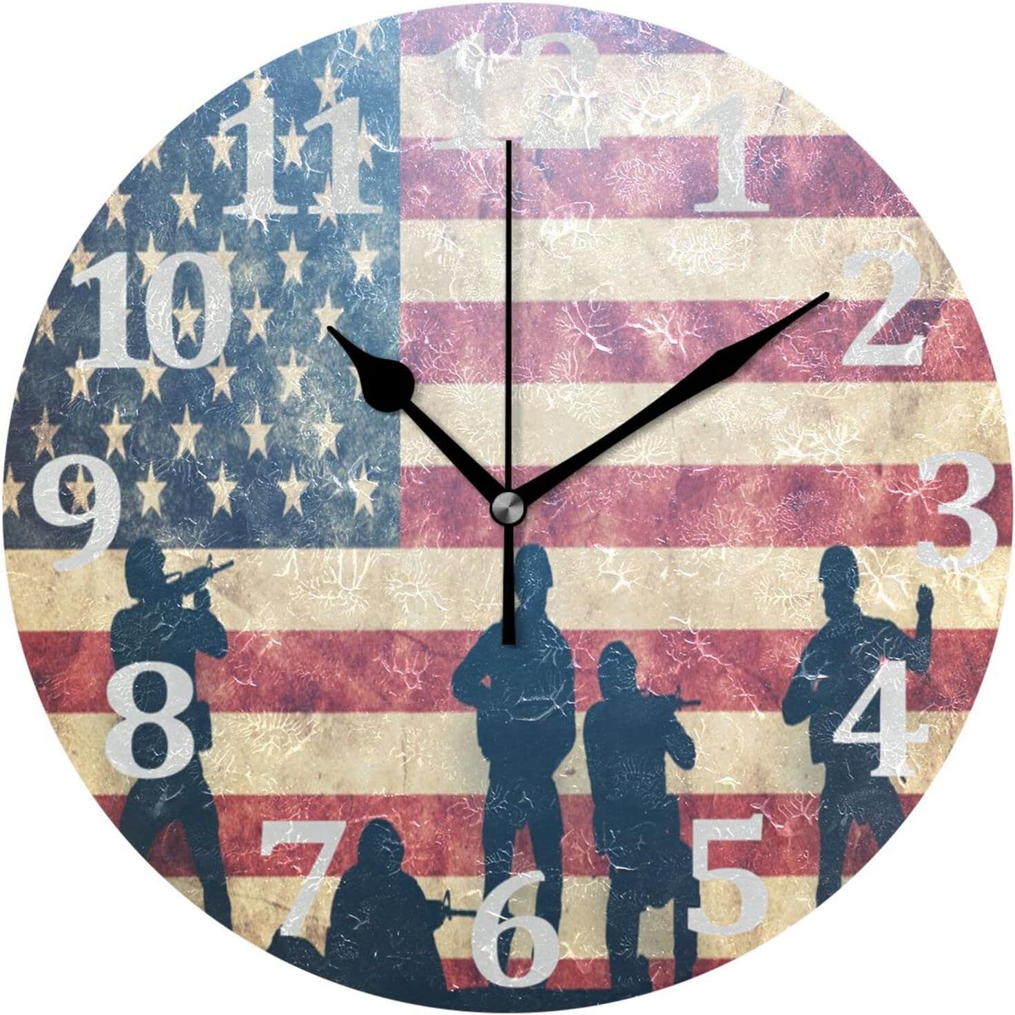American Flag Wall Clock Round Vintage Silent Non Ticking