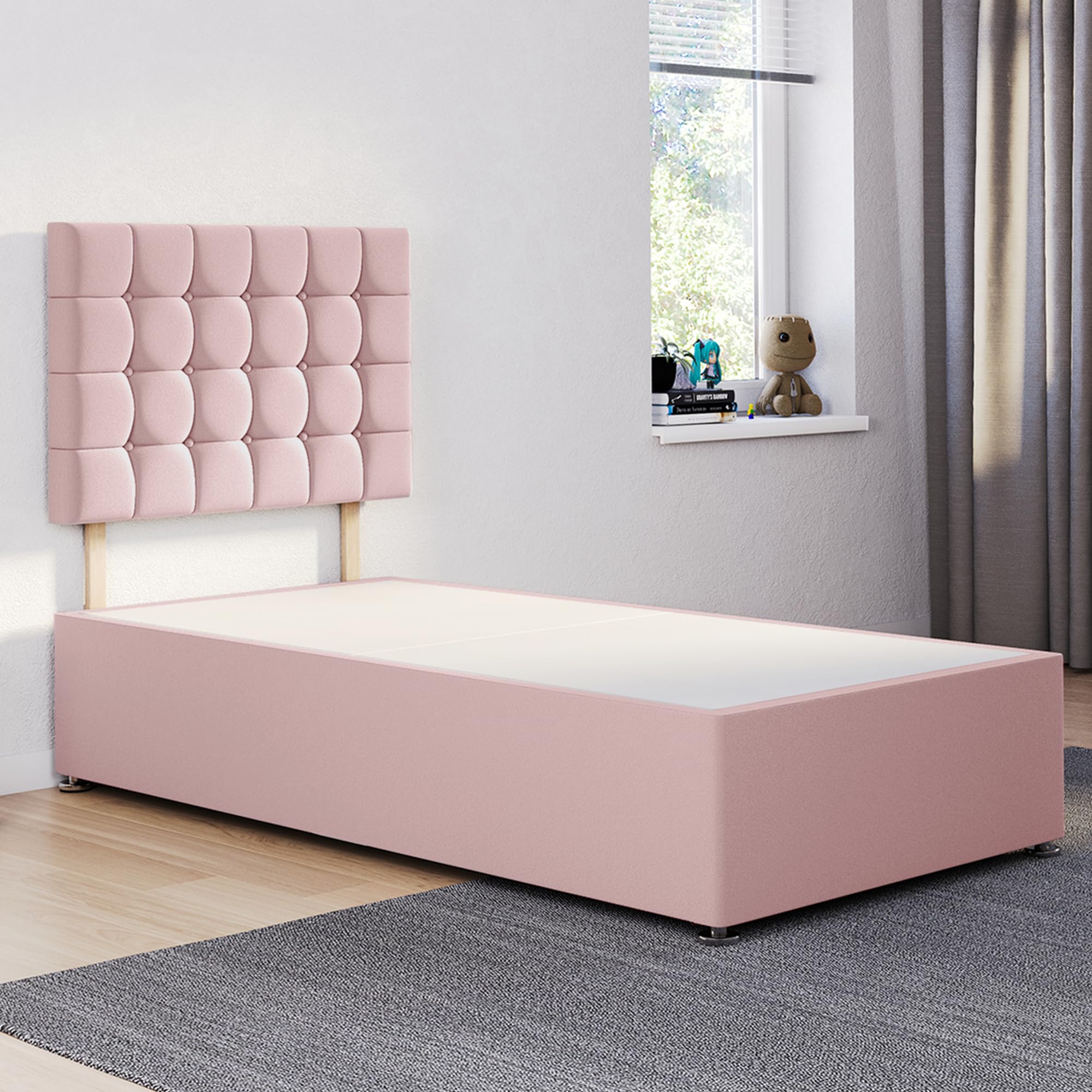 ComfoRest - Modern 3FT Single Divan Bed Base with Cubex Headboard | Reliable Frame for Daily Living | Suitable for Student Flats, Guest Areas or Small Bedrooms – No Mattress, No Drawers (Pink Plush)