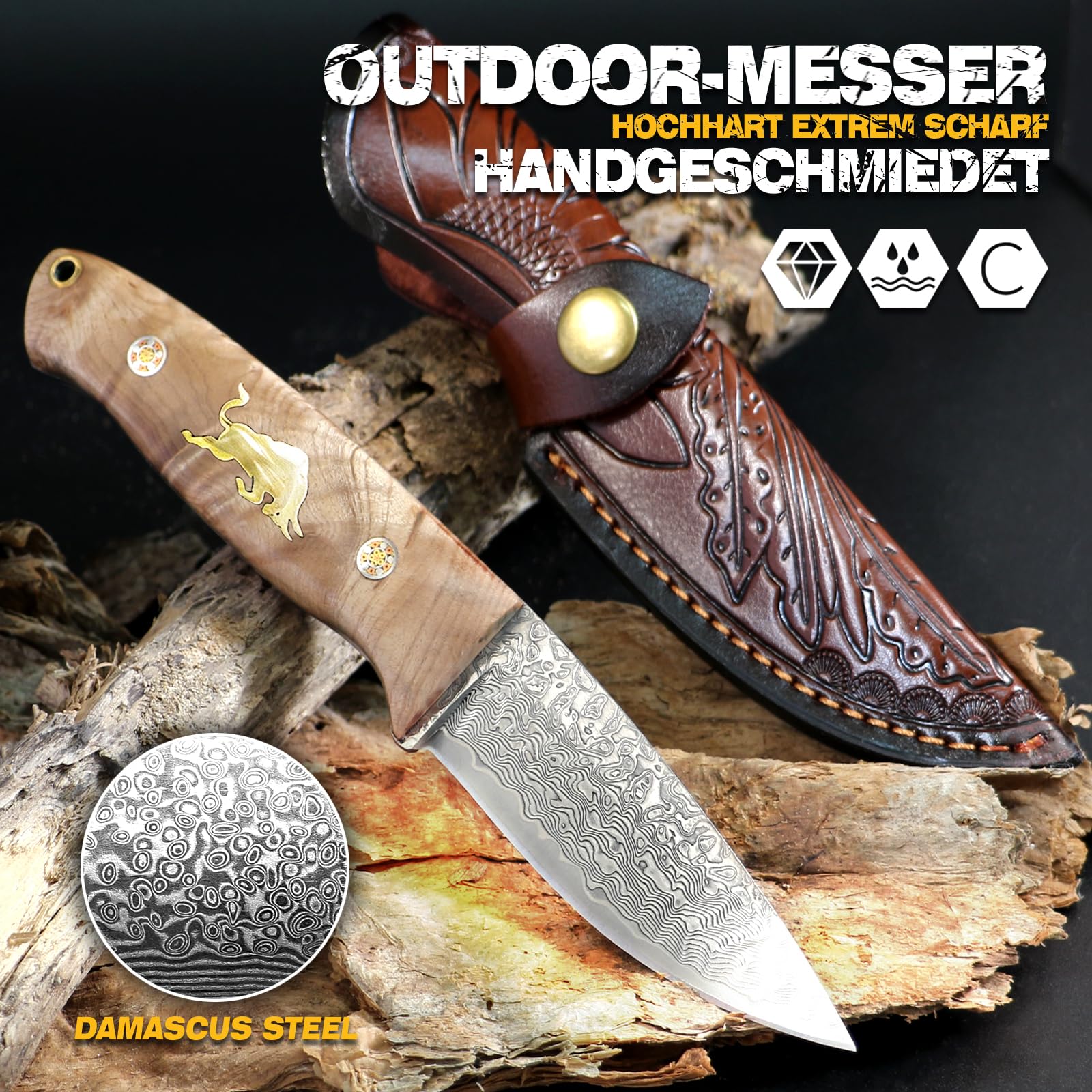 Feststehendes 67-lagiges VG10 Damast Jagdmesser mit Massivholzgriff & Lederscheide, Outdoor Überlebensmesser für Camping Wandern Angeln, Geschenk für Männer