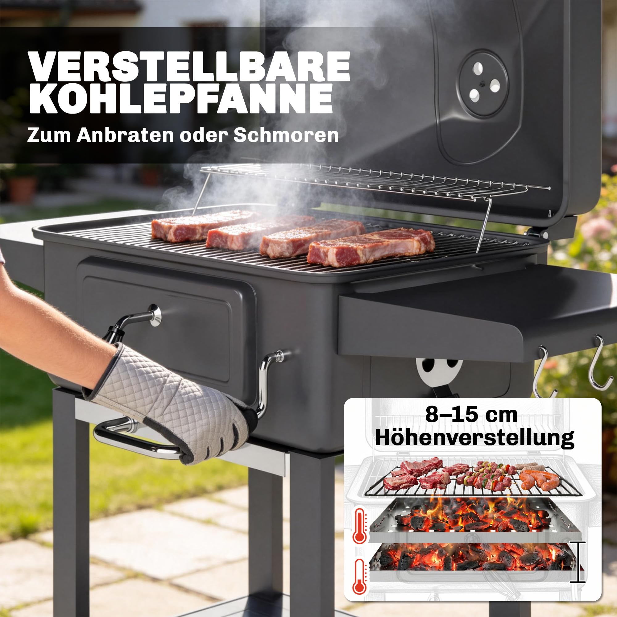 Outsunny Holzkohlegrill BBQ Smoker Deckel Thermometer Grillwagen Räder | Höhenverstellbar Kohlepfanne, Grillrost, Seitentisch, Aschefach, Lüftungsschlitzen, Kohlegrillwagen, Camping Garten