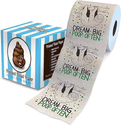 Printed TP Dream Big Often - Papel higiénico impreso con perezoso, divertido rollo de papel higiénico para broma, sorpresa, decoración de baño,