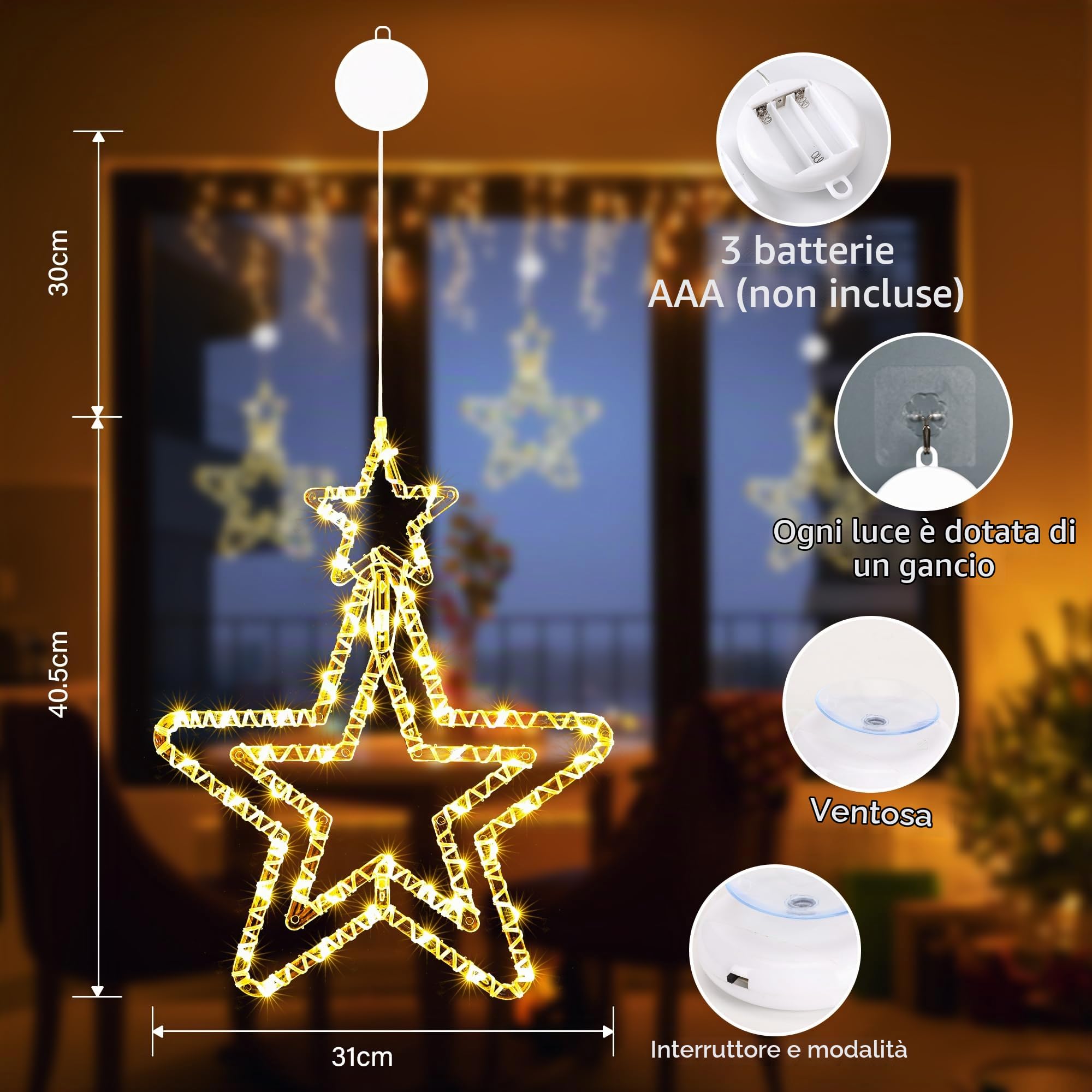 BrizLabs Luci a Stella di Natale, 4 Pezzi 48 LED Luci Natalizie per Interni a Batteria Girevoli 3D Stelle Luci Natale Decorazione per Finestra Esterno Matrimonio Balcone Festa, Bianco Caldo