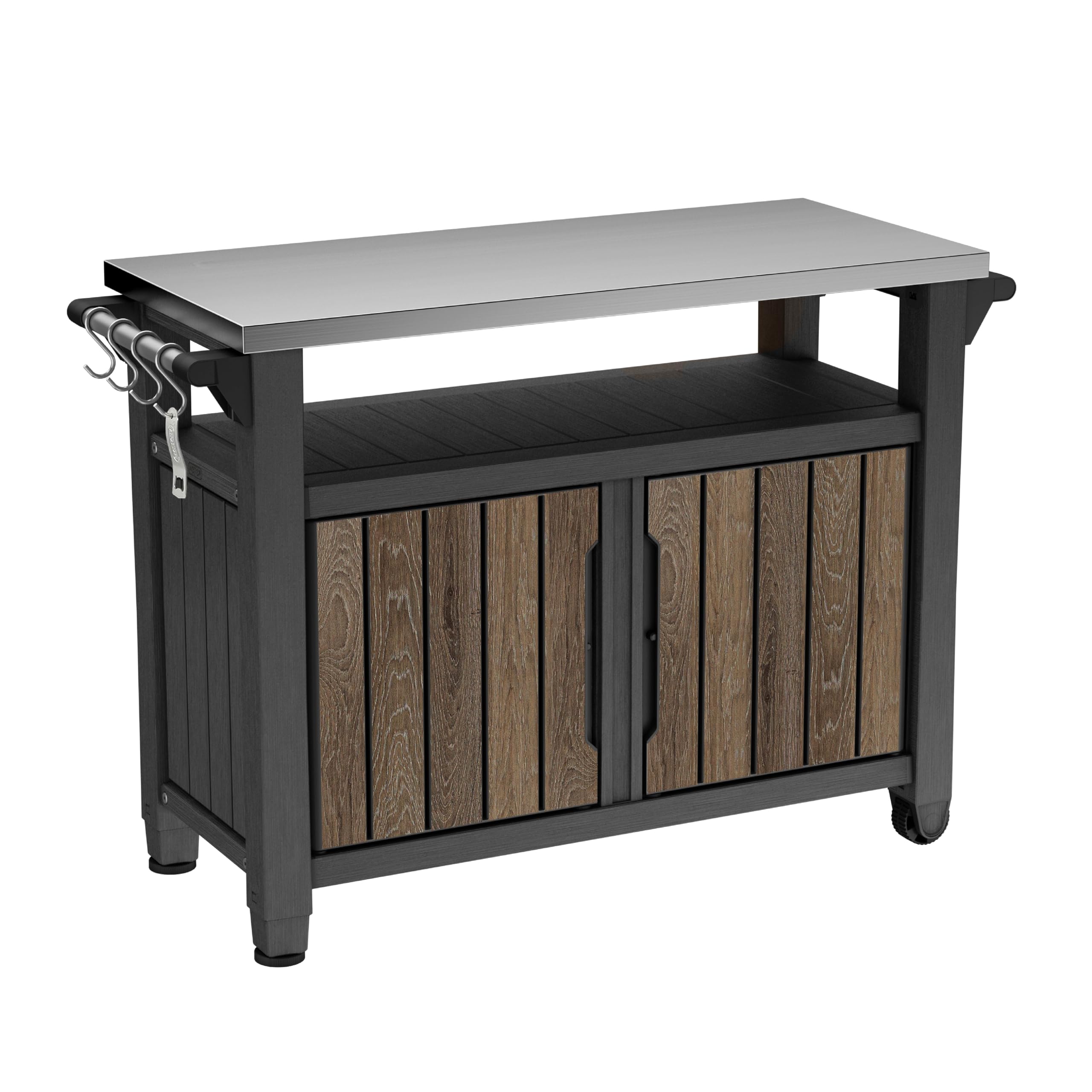 Keter Unity XL Outdoor Entertainment Cart with Wood‑Look Finish, 78‑Gallon Patio Storage Cabinet, Food Prep Station, Stainless‑Steel Top for BBQ, Grill, Patio, Deck &amp; Backyard, Walnut