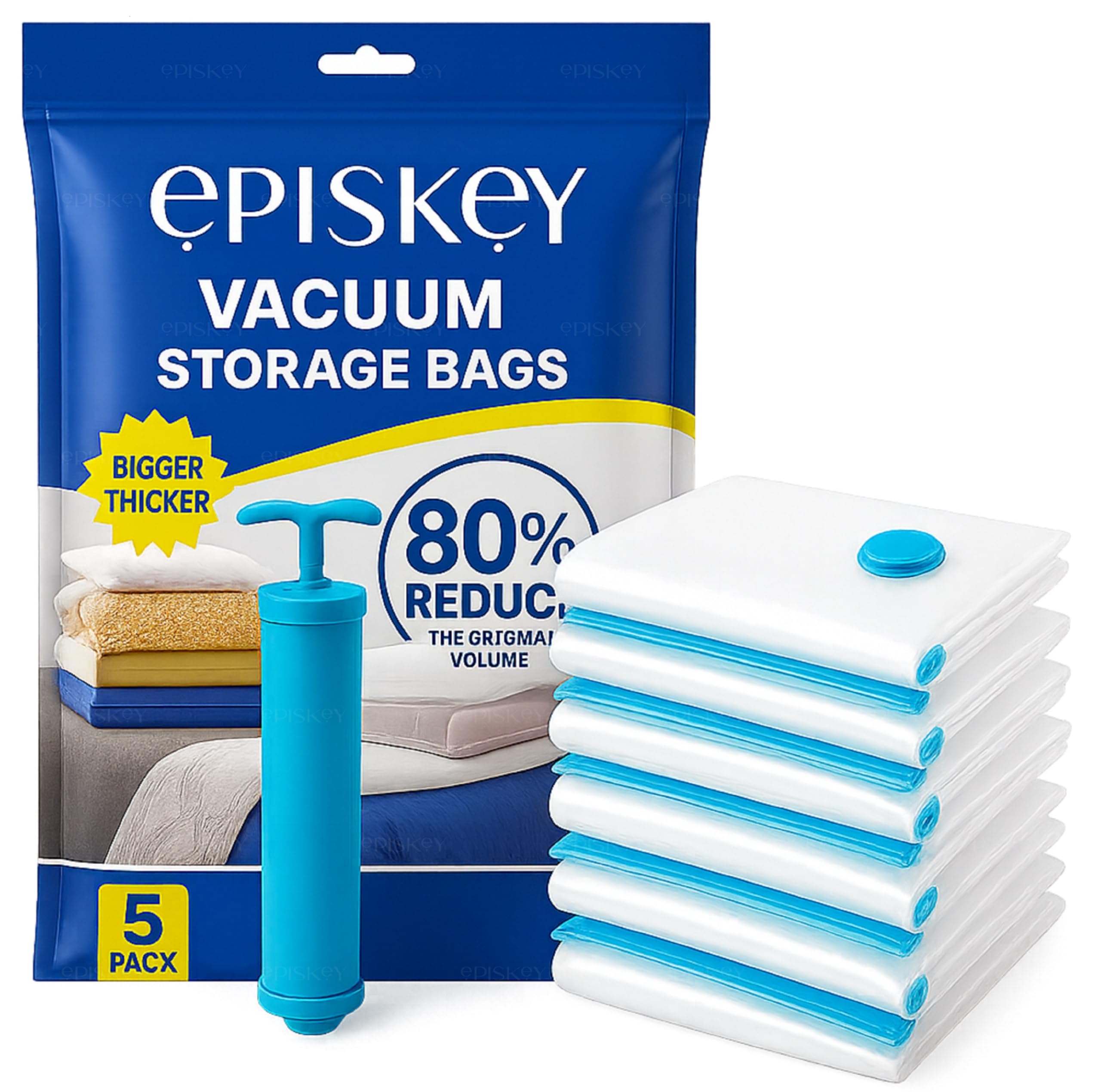 Episkey Vacuum Bags for Packing For Clothes Space Saver Travel Reusable Bags with Pump | 2 Medium Size (50 x 70cm) & 2 Large Size (60 x 80cm) & 1 Jumbo Size (80 x 100cm) With Hand Pump (V_BAG)