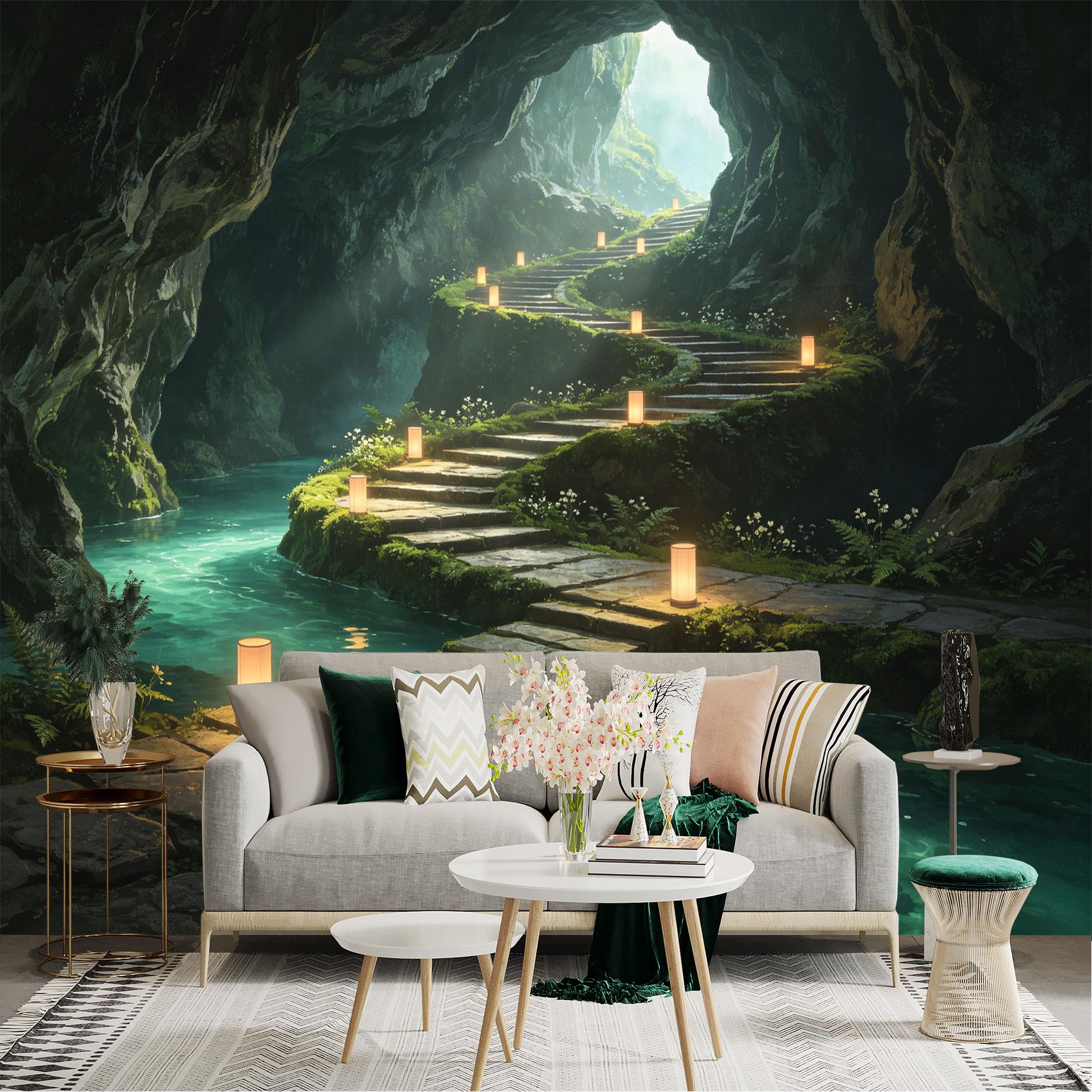 Custom Size Wall Sticker Mural， Enchanted Cave with Glowing Lanterns， Winding Stone Staircase， Tranquil Underground River， for wall Decoration， peelandstick wall Decals.