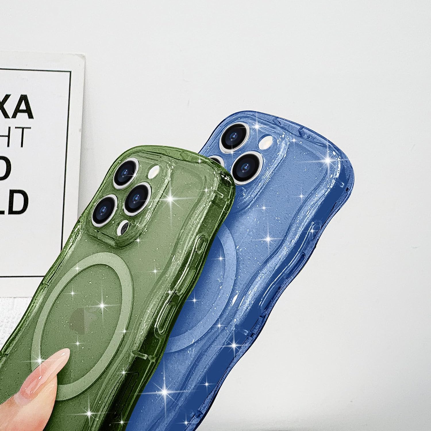 Magnetic for iPhone 15 Pro Case Clear, Sparkly Bling Glitter Cute Curly Wave Transparent Cover for Women Men Compatible with MagSafe Shockproof Protective Phone Case for iPhone 15 Pro, Green - Image 8
