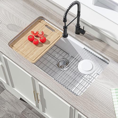 White Undermount Workstation Kitchen Sink 33 Inch - Topmount Fireclay Bar Sink Drop In 33"x19"x10", Dual Mount Heavy Duty Deep Single Bowl, with 4 Custom Accessories, for Kitchen, Island