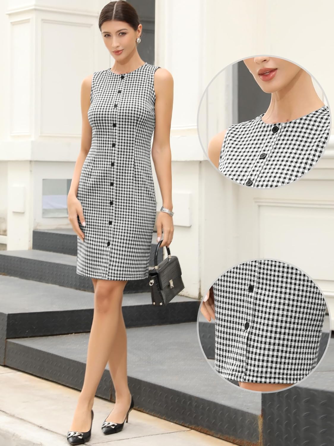 Allegra K Sleeveless Plaid Dresses for Women's Round Neck Work Office Casual Midi Dress - Image 4