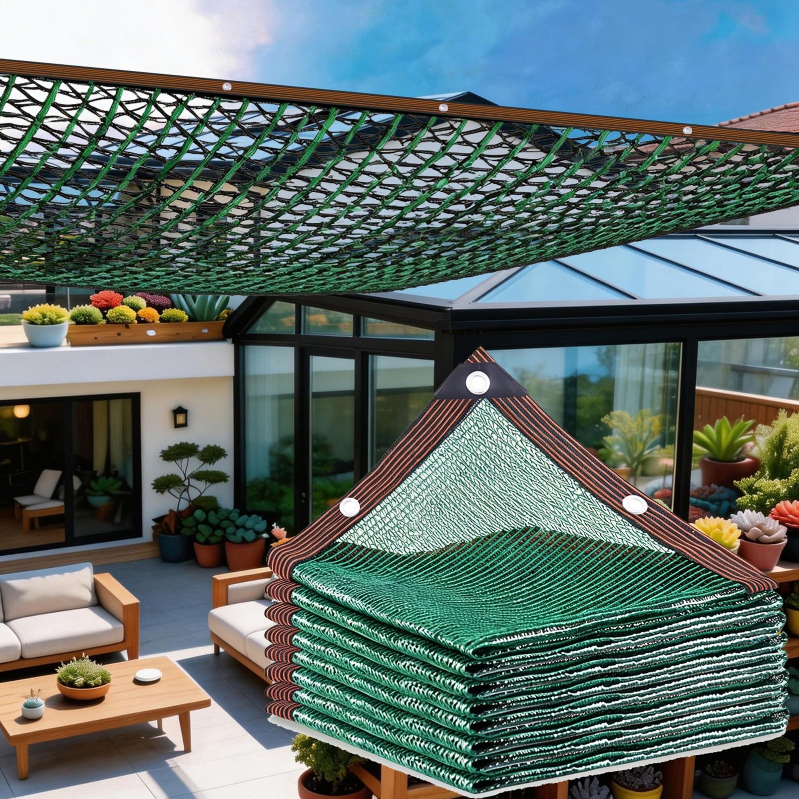 Malla De Sombreo Verde, Malla De Protección Solar (3 Agujas, 50% UV), Tela De Sombra, Tejido De Sombreo para Huertos con Ojales, para Invernaderos, Jardines, Pérgolas(6.0x9.0m)