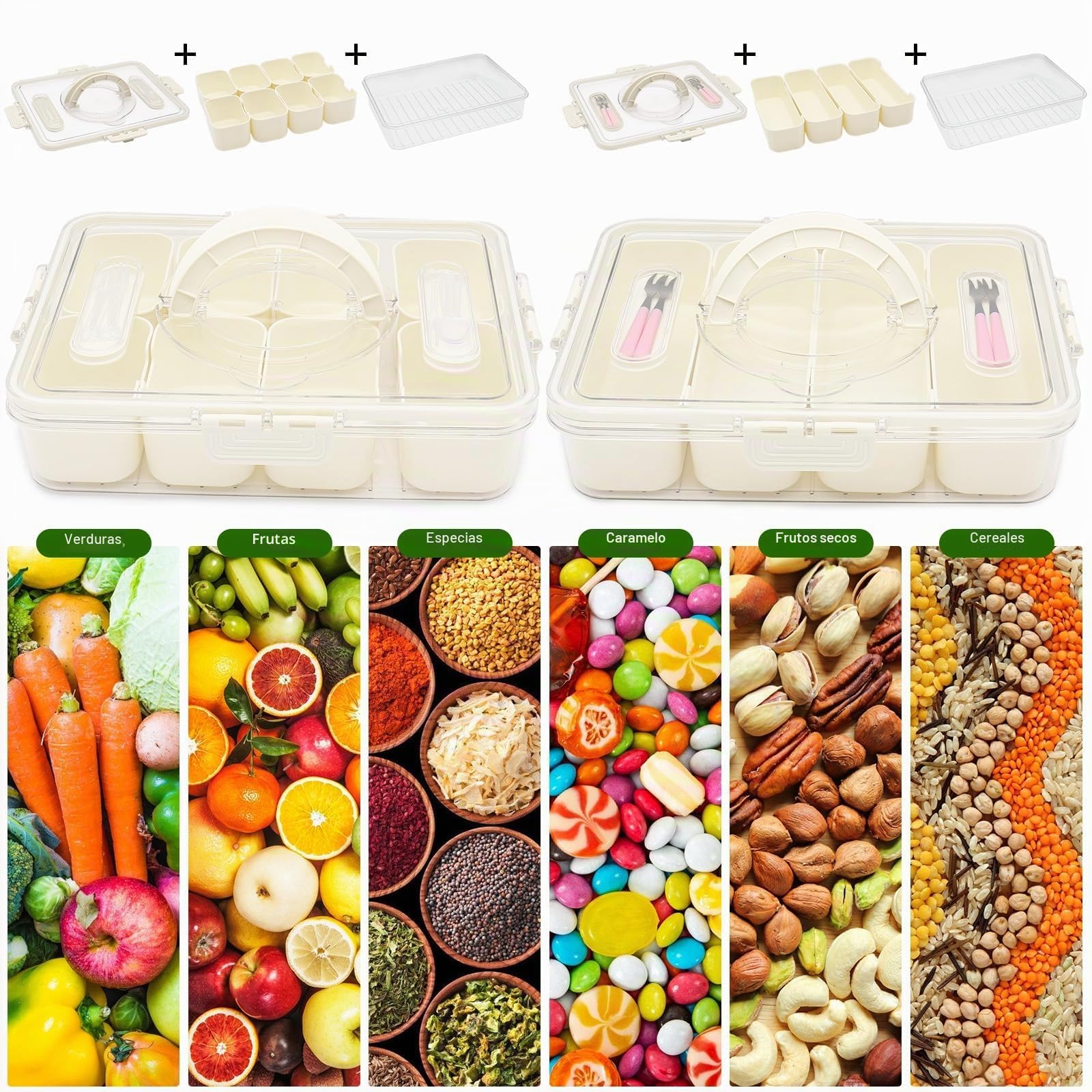 Set de 2 Cajas para Snacks con Tapa – 12 Compartimentos por Bandeja, Transparente y BPA Free – Contenedores Reutilizables para Frutas, Dulces, Salsas, Aperitivos, Picnic y Fiestas – con 4 Tenedores –