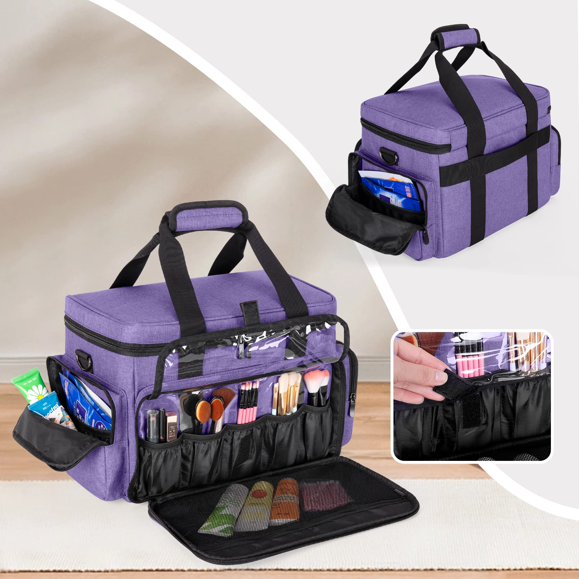 BAFASO Make up Organizer Tasche, Kosmetiktasche für Frauen, Kulturtasche Damen Groß, Tragetasche für Kosmetika und Make up, (Patent angemeldet), Lila | Mit 2 abnehmbaren Taschen und Trennwänden zur Aufbewahrung von Make-up und Haaraccessoires (zum Patent