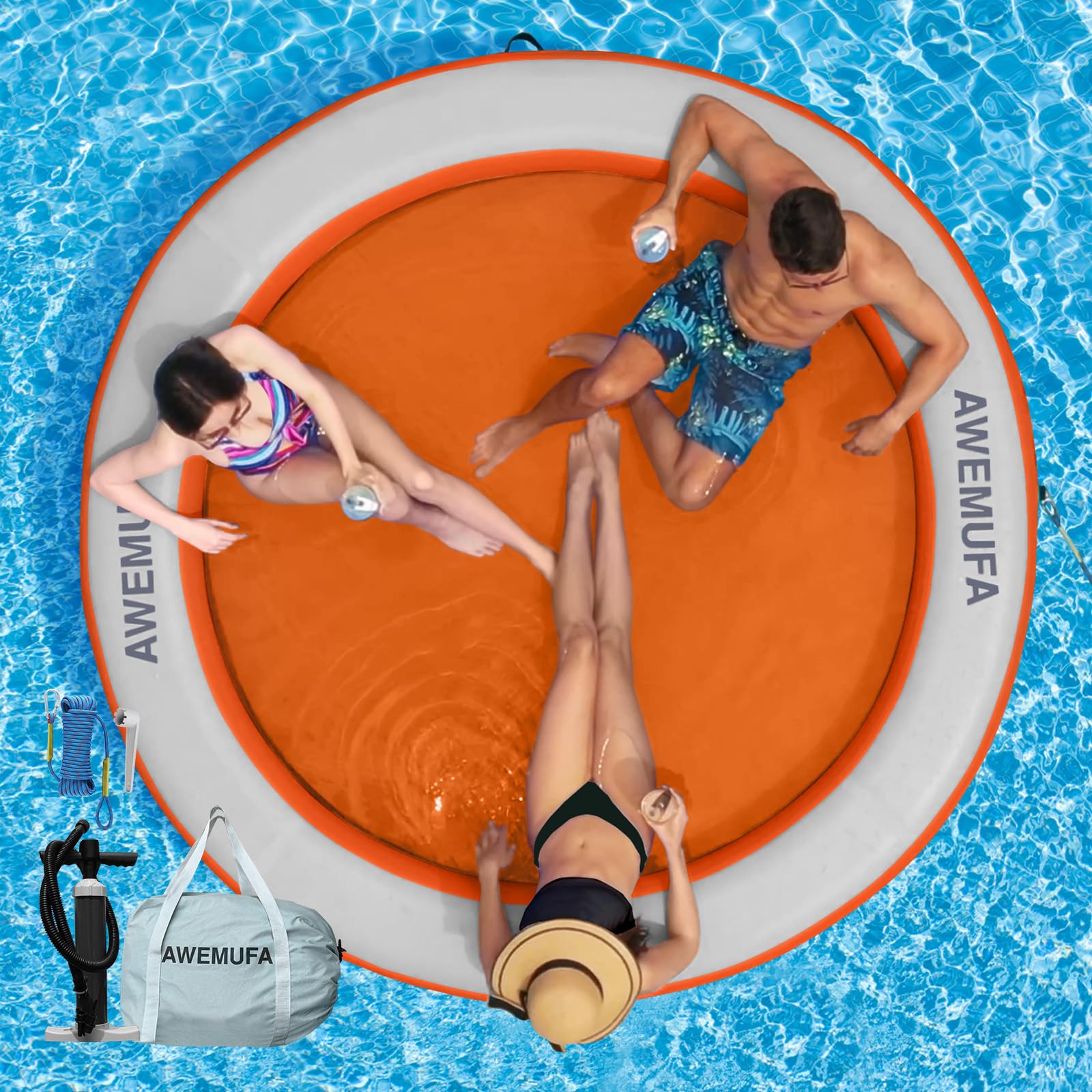 AWEMUFA 8ft Water Hammock 8 inches Thick Round Float Ring with Mesh Lake Floats for Adults Heavy Duty Circle Floating Mat for Pool Inflatable Water