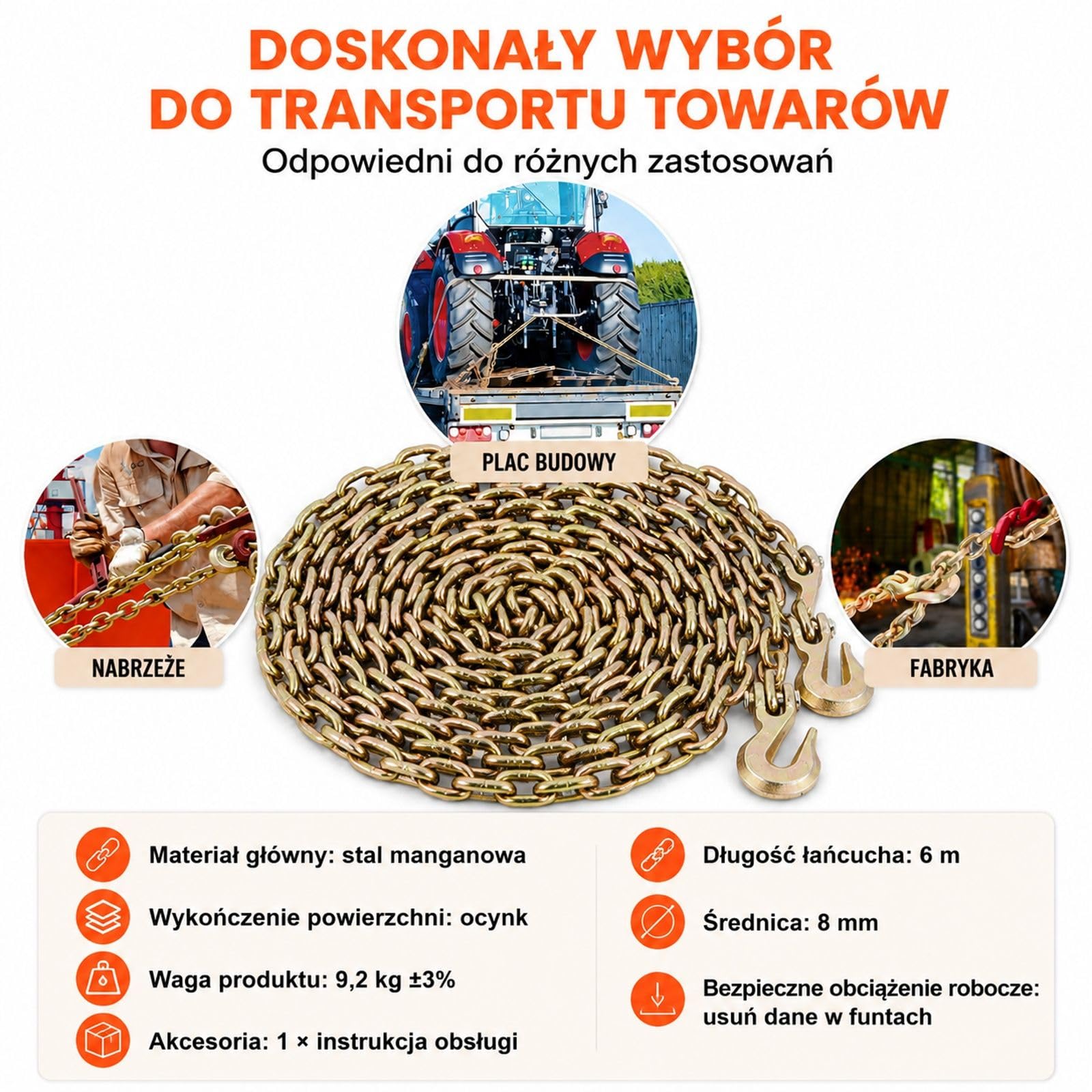 Łańcuch transportowy z hakami chwytającymi, stal manganowa, ocynkowana i malowana powierzchnia, do załadunku, holowania, wiązania oraz leśnictwa
