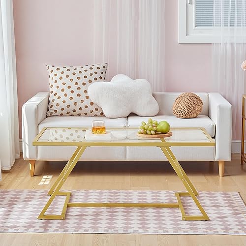 Miniatura 3 de HOOBRO Mesa auxiliar, mesa de centro rectangular dorada, mesa central de cristal moderna, mesas de té centrales de 2 niveles con marco de metal para