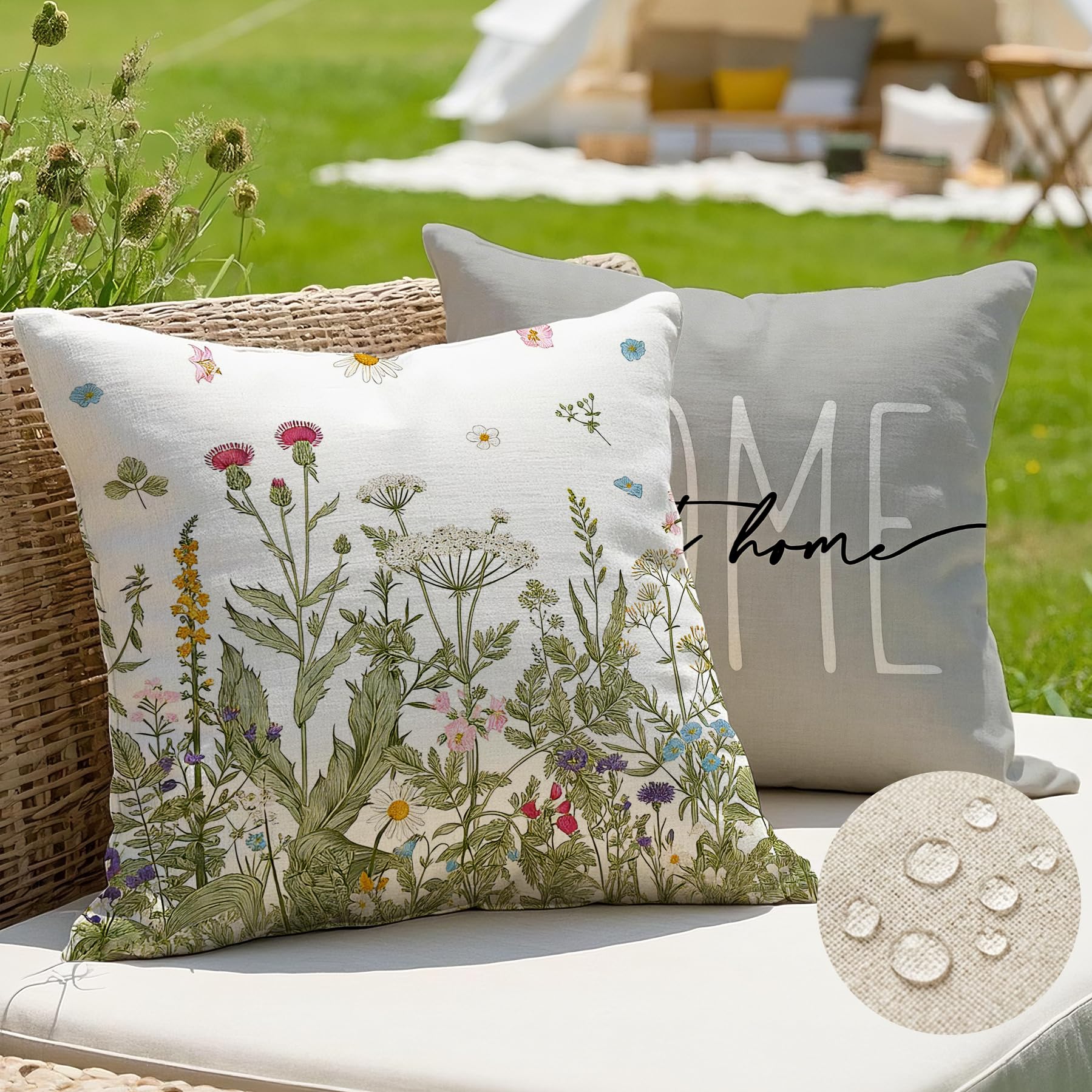 2er Set Wasserdichter Outdoor Kissenbezug 45x45 Grau, Grünpflanzen Design Gartenkissen, Sommer Modern Dekokissen, Doppelseitig & Muster, Leinen-Polyester für Balkon Garten Sofa Couch Wohnzimmer - 3