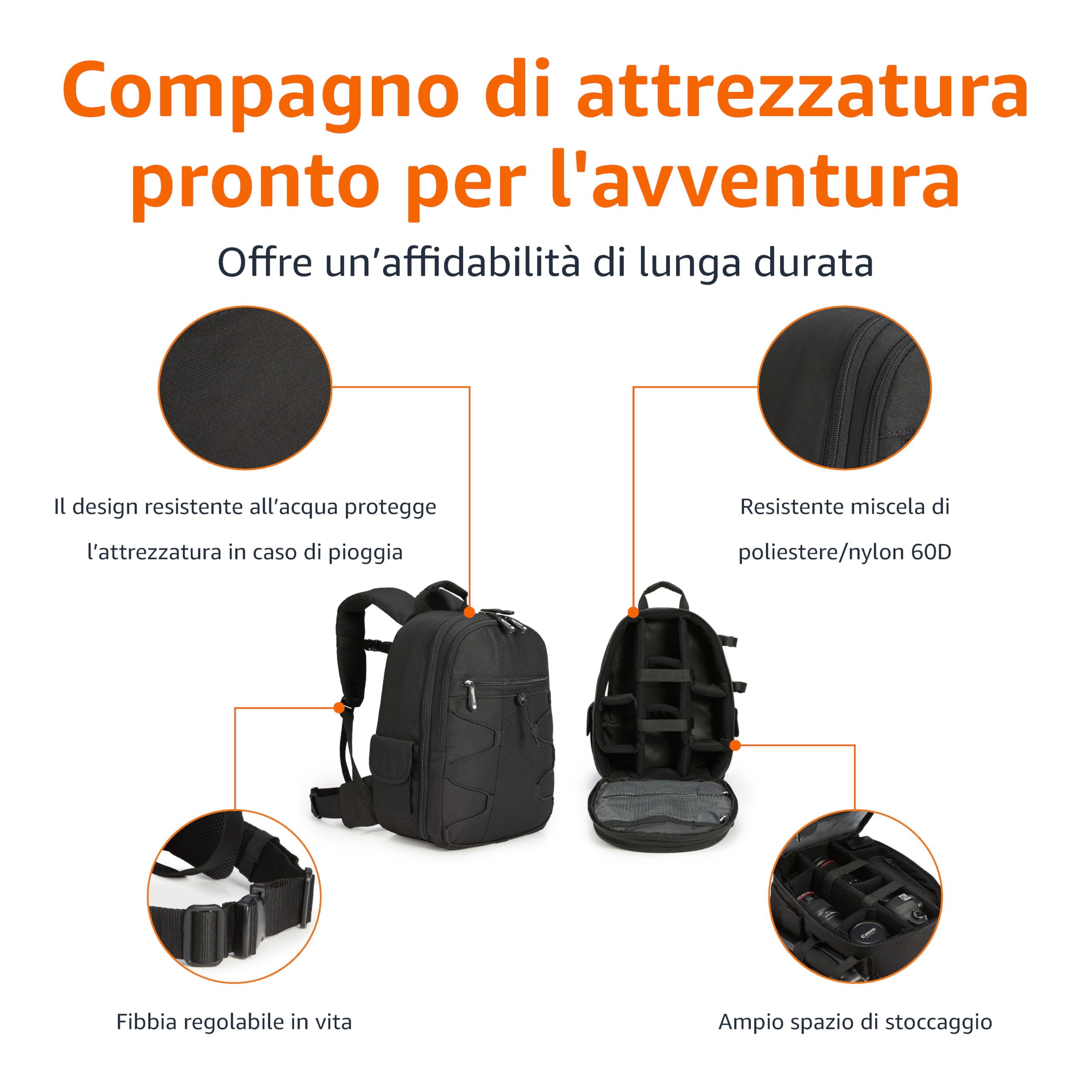 Amazon Basics Zaino per Fotocamera di Grande Capacità con Imbottitura Interna per Reflex e Accessori, Impermeabile e Antiurti, 30 x 15 x 37 cm, Monocolore, Nero