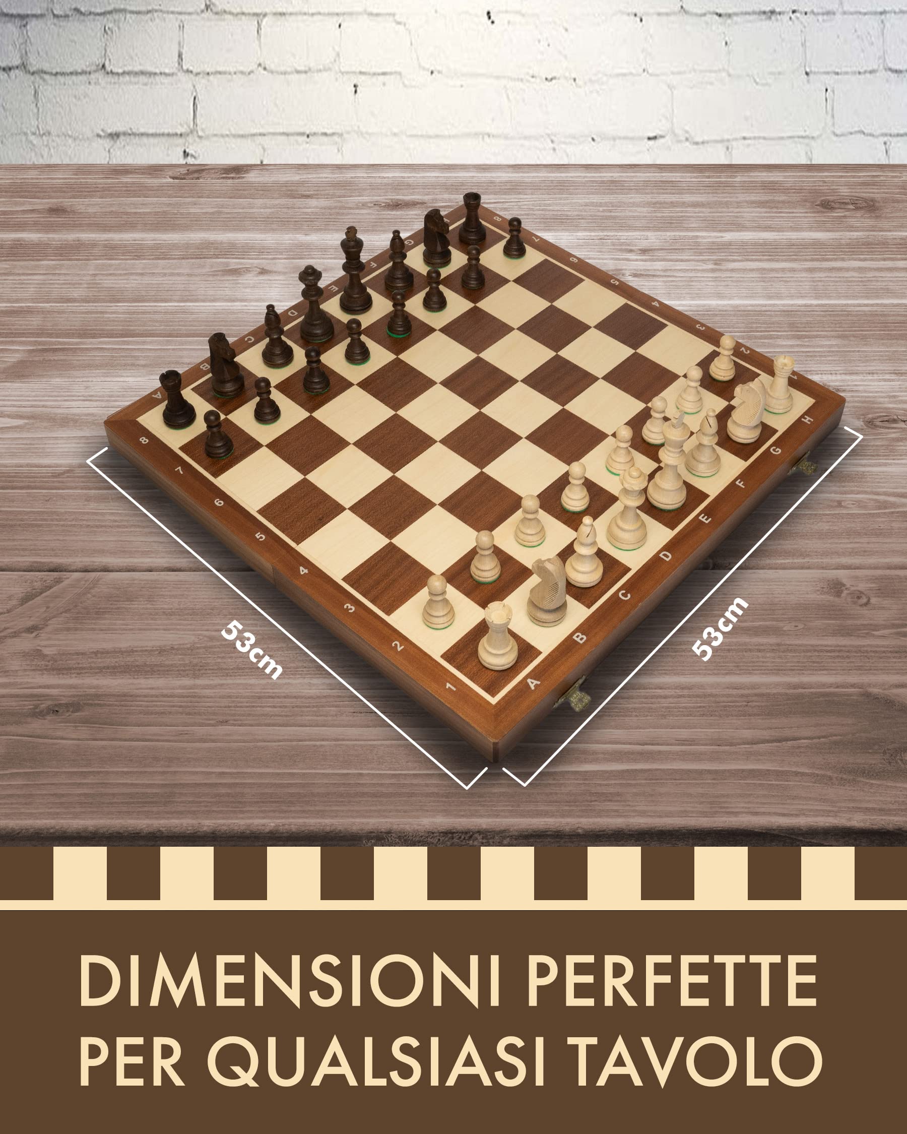 Set di scacchi 53 x 53 cm - Scacchiera di legno - Set da scacchi pieghevole - Lavorazione artigianale