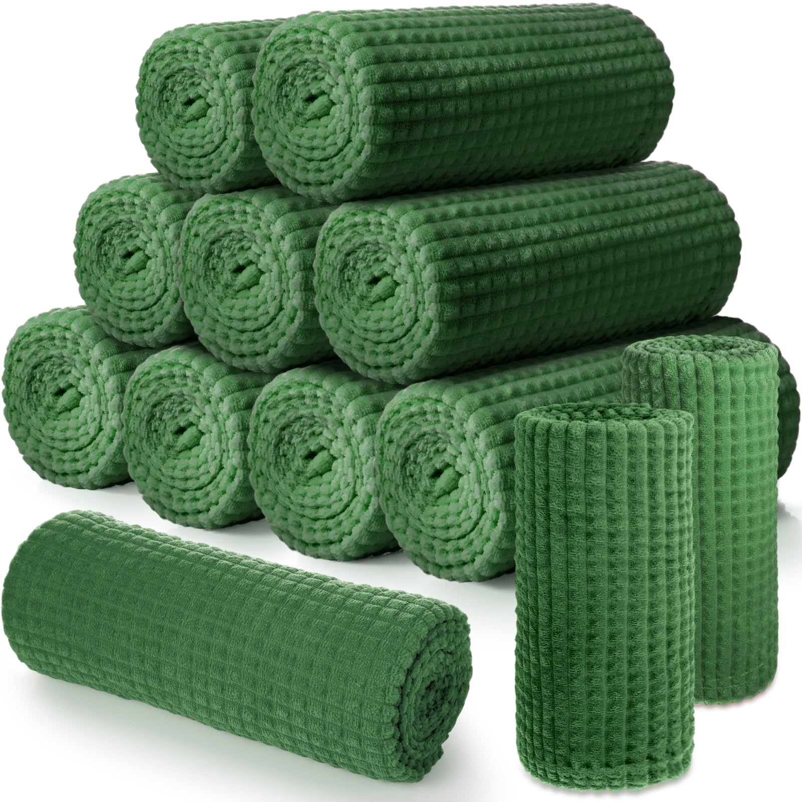 Buryeah 12 coperte in pile di flanella, 127 x 152 cm, per matrimoni, design a griglia jacquard 3D, morbida e sottile, per divano, sedia, regali di donazione (verde scuro)
