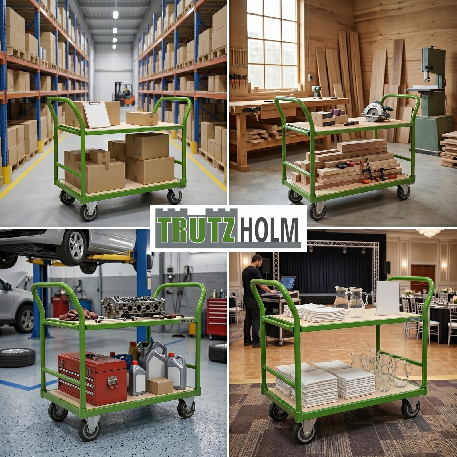 TRUTZHOLM Etagenwagen Tragkraft 250 kg Stahlrahmen 2 Etagen höhenverstellbar pannensichere Vollgummiräder mit 2 Feststellbremsen Transportwagen Tischwagen Plattformwagen Handwagen Schiebewagen