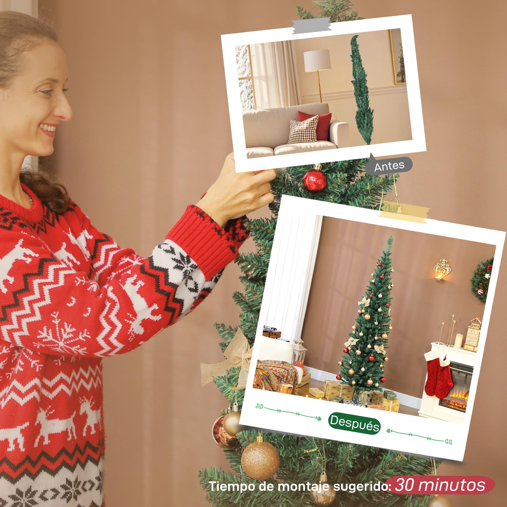 HOMCOM Árbol de Navidad Estrecho 180 cm, Árbol de Navidad Artificial con 321 Ramas, Soporte Metálico, Fácil de Montar, Decoración para Interior, Hogar, Oficina, Verde