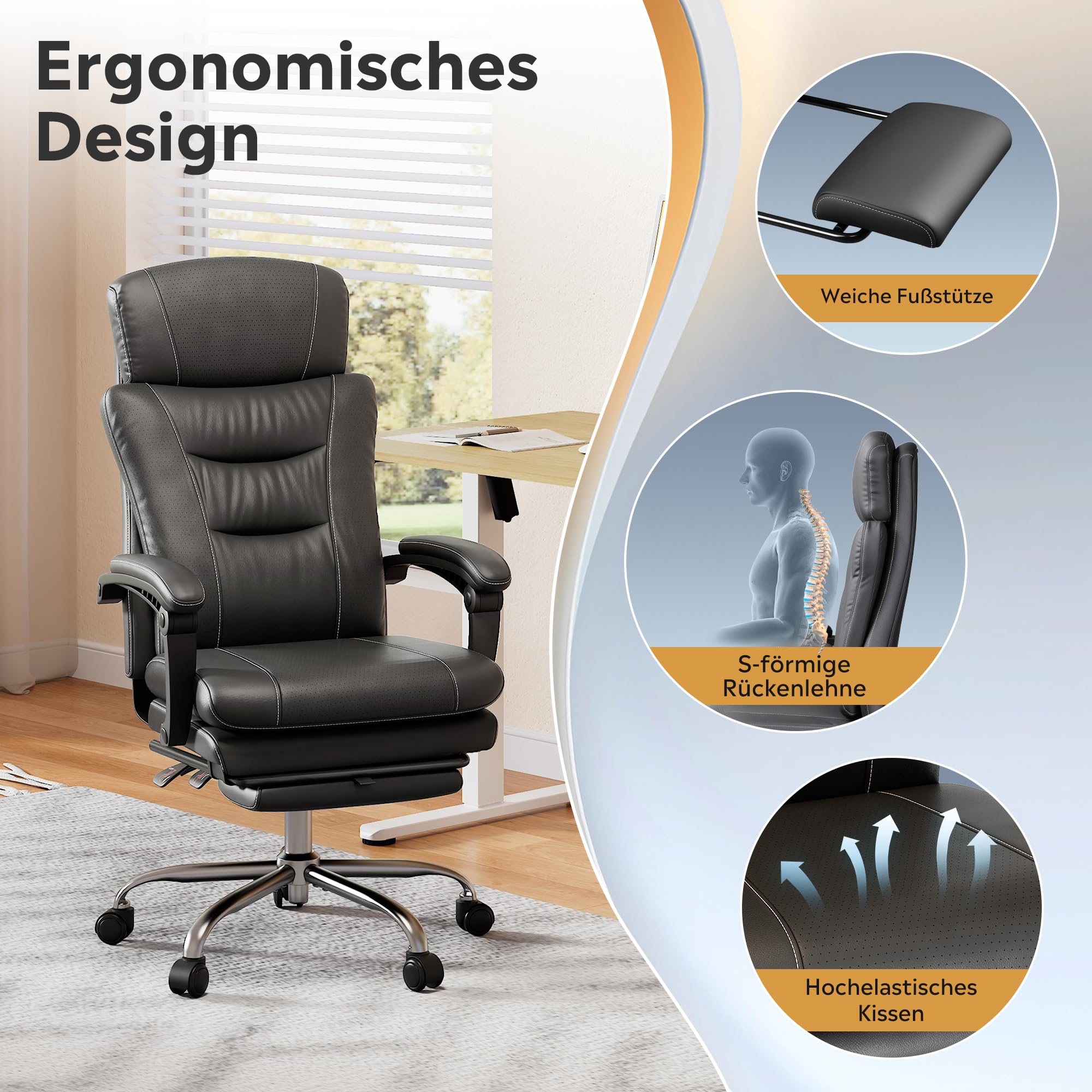 DEVAISE Chefsesse PU Leder, Bürostuhl Ergonomisch mit Fußstütze und Lendenwirbelstütze, Wippfunktion und Winkelverriegelung, Hohe Rückenlehne, Höhenverstellbar, Liegestuhl für Büro, Schwarz, Bis 200kg