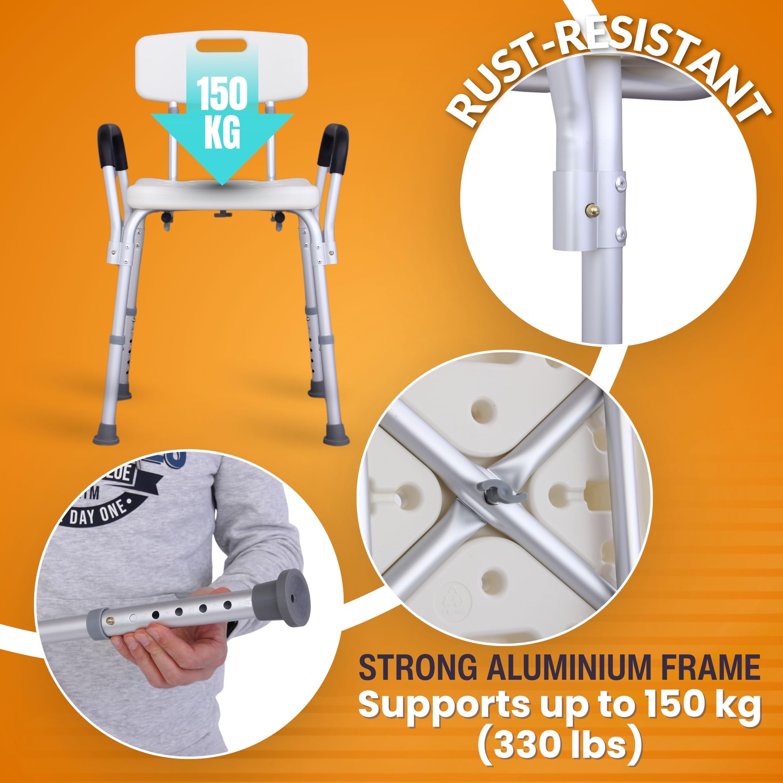 Silla de ducha ajustable con brazos y respaldo para ancianos y discapacitados, silla de baño de aluminio ligero para movilidad – 6 niveles de altura, pies antideslizantes y agujeros de drenaje – Carga