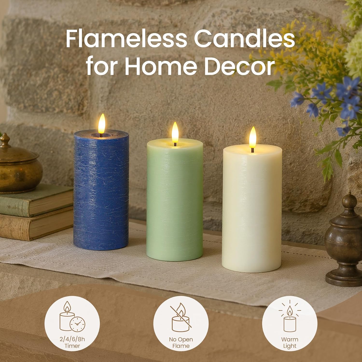 Set of 4 Ivory Real Wax Flameless Candles with Remote, Long Lasting Battery Operated LED Pillar 3" x 4" 5" 6" 7" with Timer and Flickering Electric for Home Decor