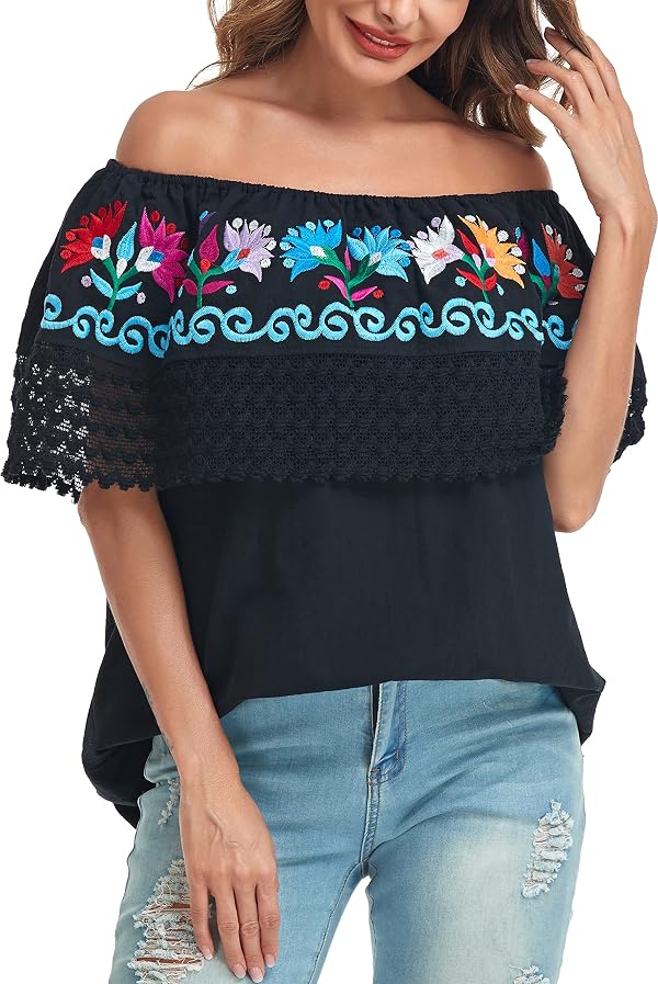 YZXDORWJ Women Mexican Embroidered Off-Shoulder Shirt Lace Falbala Top (M, 346BK) by YZXDORWJ - Used condition - Image 5