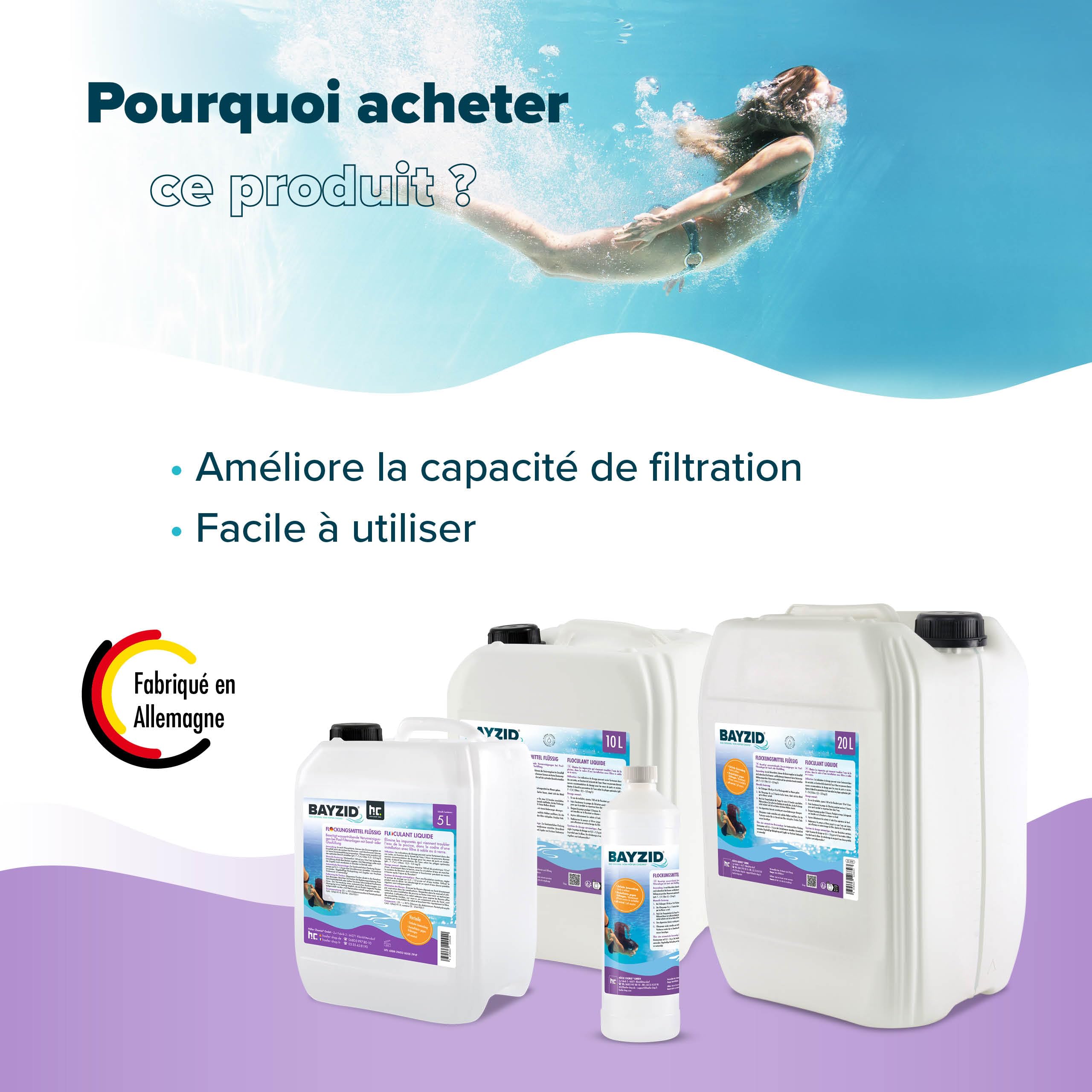 Höfer Chemie BAYZID® 2 x 10 L Floculant Liquide pour Piscine - Clarifiant Ultra - Efficace pour Eau Limpide, Compatible Filtres à Sable, Fabriqué en Allemagne