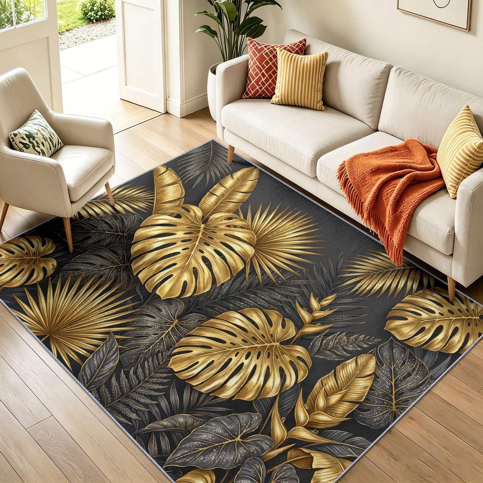 Tapis Salon Botanique Scandinave, Moquette Lavable en Machine, 140 x 200 cm | Feuilles Palmier Dorées Tropical Tapis avec Dessous Antidérapant, Tapise Décoratif pour Chambre, Gris Anthracite
