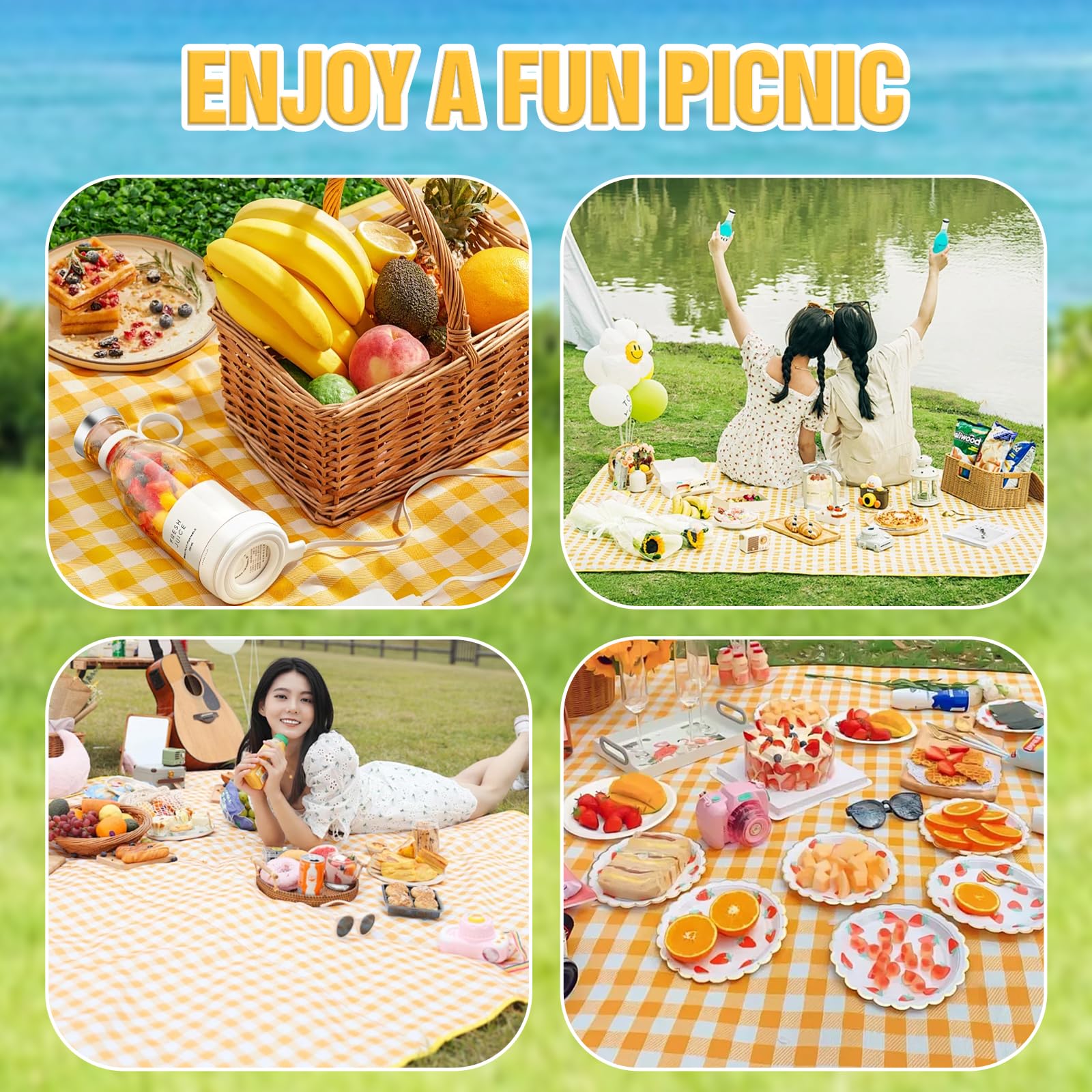300cm*200cm Coperta picnic impermeabile，Stuoia Campeggio，Portatile Tappetino da Spiaggia Pieghevole,Coperta da Picnic con Manici per Campeggio All'aperto,Viaggi,Parchi，Spiaggia, Prato (Giallo)
